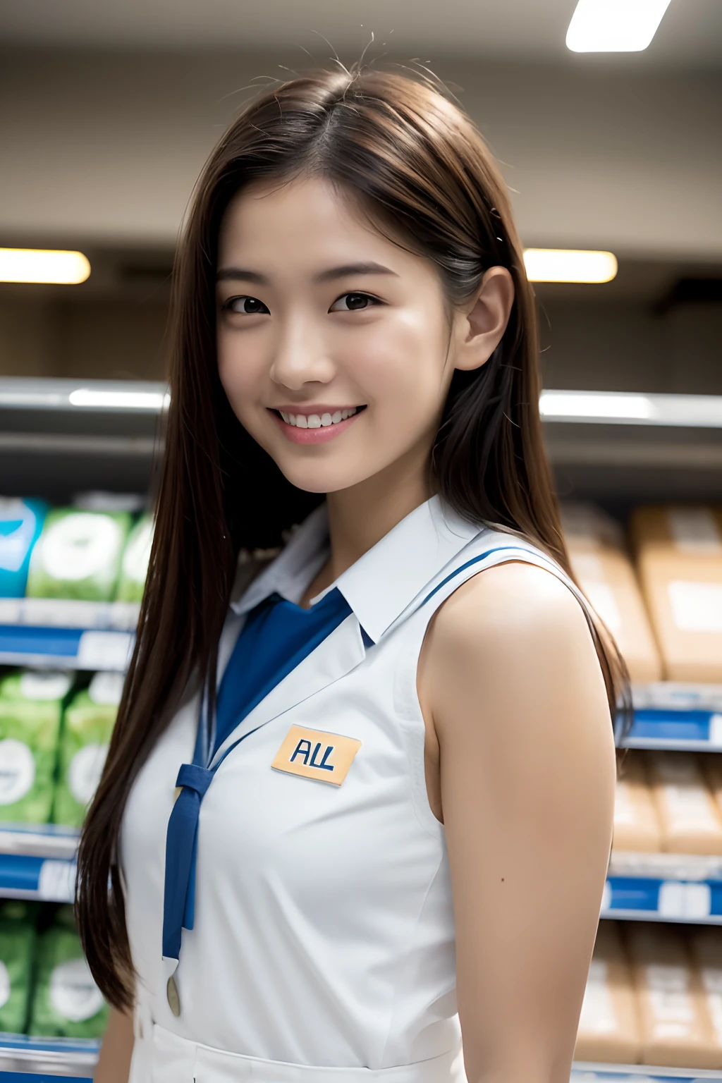 1girl, happy, smiling, (at supermarket:1.2), ((student uniform:1.2)), RAW photo, (photorealistic:1.37, realistic), highly detailed CG unified 8K wallpapers, looking at viewer, (((straight from front))), (HQ skin:1.8, shiny skin), 8k uhd, dslr, soft lighting, high quality, film grain, Fujifilm XT3, ((upper body:1.6)), (professional lighting:1.6)