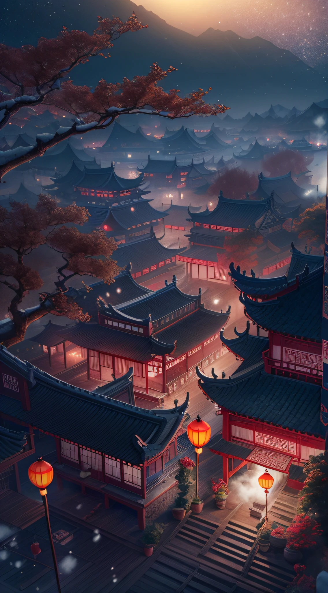 Rendering in surreal CG ancient China,Jiangnan ancient buildings and ancient towns have Yaolin wonderland。viewed from bird's-eye,the night,The stars are bright,The smoke is fascinating,Maple leaves and milk leaves are trees。snow landscape。k hd