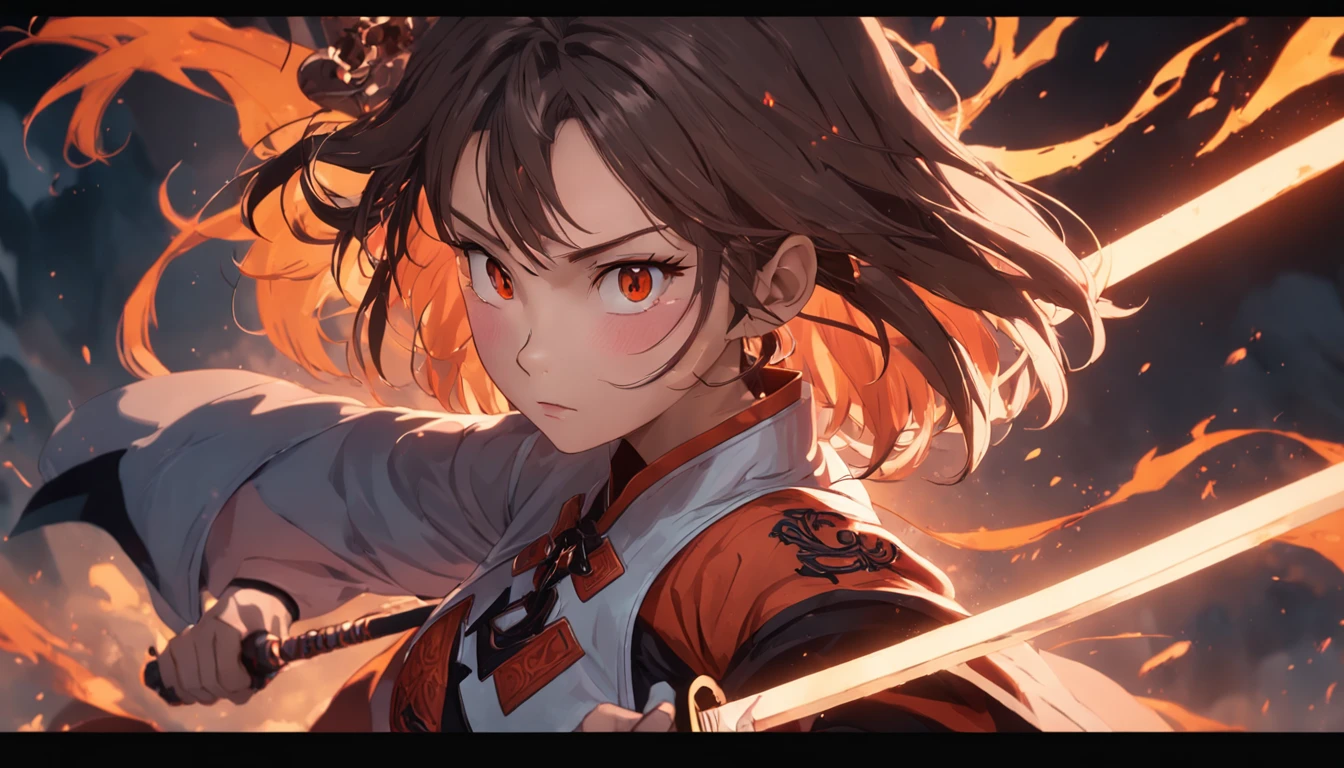A young female swordsman in ancient China,3D shaped face,Fierce eyes,Fair and delicate skin,Exquisite facial features,Put on lightning。Chinese big knife,Glow,Glow,fire glow,impact,blasts,red colour,Orange colors,Long shots,full bodyesbian,Swoop punch,motionblur,Fine depiction,realistic detail,Complex scenes。hyper realisitc,unreal-engine,3Drenderingof,oc rendered,HD C4,8K -- with 1:1 --s 180 --niji 5