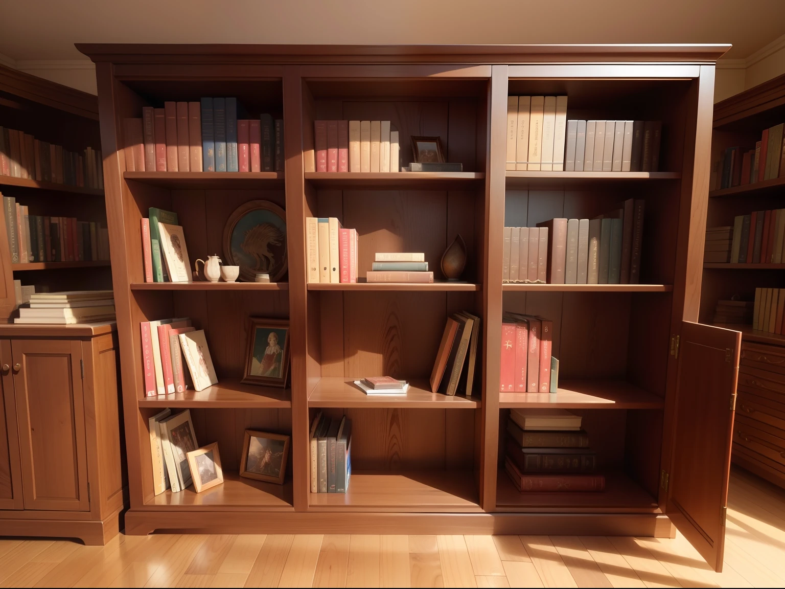 Anime style , a bookshelf with three rows,  filled with ancient style books in 3 rows, wooden bookshelf, made of red brown woods, elegant, majestic, highly detailed, 8k, medium shot