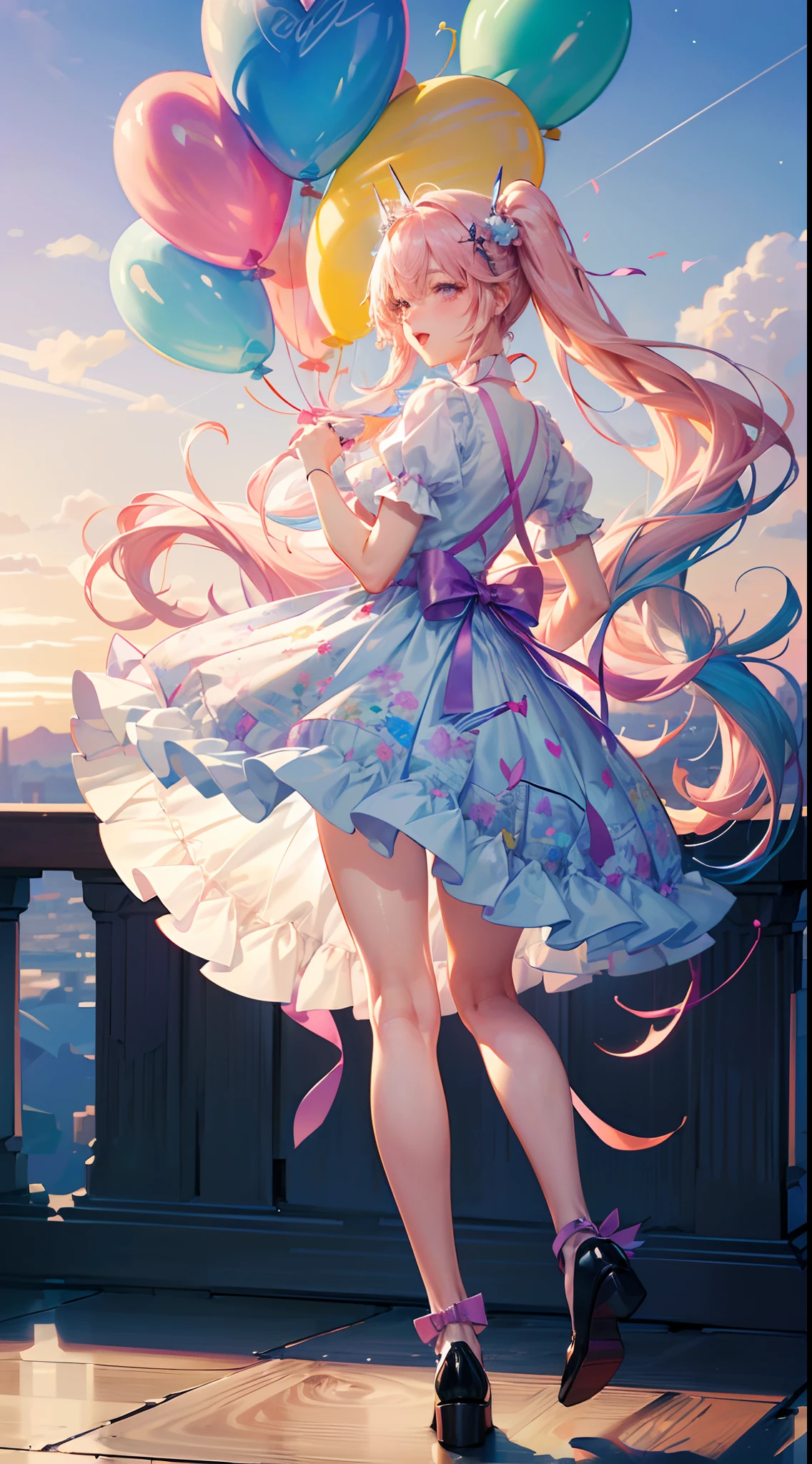 (fullbody, legs and shoes visible: 1.2)) expressive eyes, 1girl, pale skin, long hair, windblown hair, ((absurdly long hair)), long sidelocks, hime bangs, hair fringe, hair bun, ((very long twintails)), iridescent hair, light pink hair, blushing, full face blushing, big sparkling pastel purple eyes, (gradient eyes), open mouth smile, cute pose, ((holding balloons : 1.3)) 
((cute and pastel fashion)) ((🦄🎠🎈🎉 theme : 1.4)) flowy pastel dress, ((dreamy multicolored open dress)), (floating ribbons), lavender ruffles, pink frills, (light blue lace), detached short sleeves, puffy skirt, ((rainbows and stars print skirt : 1.3)), lolita skirt, purple bows, ((pompon ribbons hair ornament : 1.4)), multiple bows, striped lace stockings, (heart shaped leg garter), cute (pastel purple) shoes ((hyperdetailed clothing and fashion)) looking at you, vintage girl, blushing, (beautiful detailed eyes), (extremely detailed CG unity 8k wallpaper) (best shadow), ((an extremely delicate and beautiful)), (detailed light), ((depth of field)) big head, big sparkling eyes, moe, splash art, cinematic lighting, frontal view, volumetric lighting maximalist photo illustration 64k resolution high res intricately detailed complex key visual precise linear 
((in the dreamy pastel sky background, surrounded by sunset clouds, shooting stars, castles in the clouds)) ((hyperdetailed scenery, foggy clouds, suspended by balloons, hearts : 1.3))