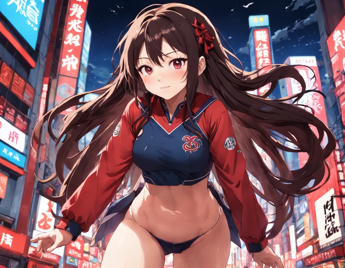 (Best Quality, 8K, 32K, masutepiece, nffsw:1.2), (up body:1.3), (1 woman in Japan, 28 years old), dark brown hair, Long hair, hyperdetailed face, Detailed lips, Detailed eyes, Double eyelids, Smile, Looking back, Photon mapping, Radio City, squatting with legs open, ((Provocative Dynamic Poses)), Red Baseball Uniform:1.2, (Red background, Gradation)
