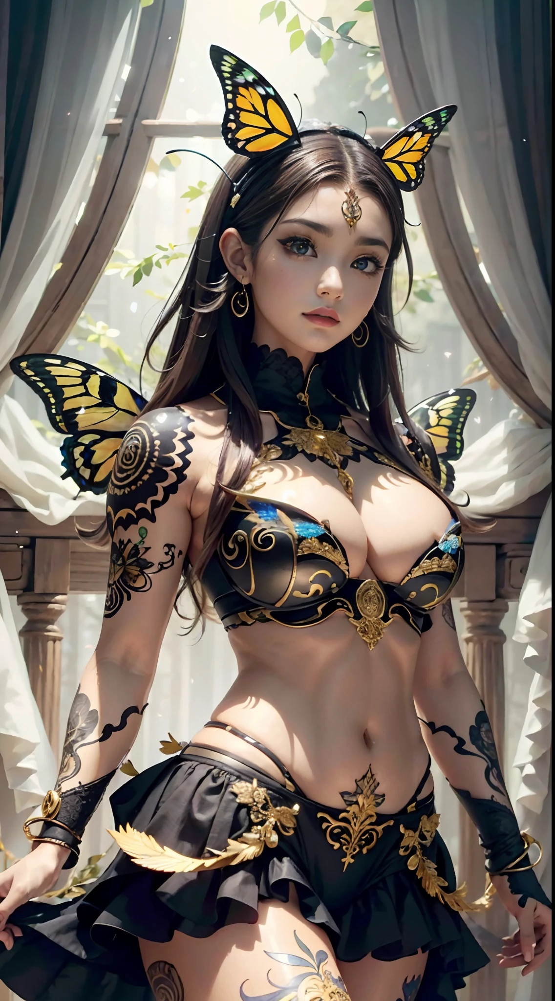 (Obra maestra), Calidad superior, ojos expresivos, Cara Perfectoa, piel suave, tatuaje tribal, Butterfly girl, Alas de mariposa, Estilo punk, super plump tits, monos ajustados, Armadura ajustada de oro y degradado rojo, 8k_papel tapiz, Ojos de detalle, body detail, detalle de los dedos, (Ilustraciones digitales), (Detail of the manga illustration), (Detalle de arte lineal), ((Perfecto)) anatomy, The finest hand)), (Detalle fino:1.3), (High detail:1 ,3), (illustration :1 , 3 ), (foco nítido:1,3), (Luz natural:1,05), (color claro:1,3), Fondo del bosque salvaje,