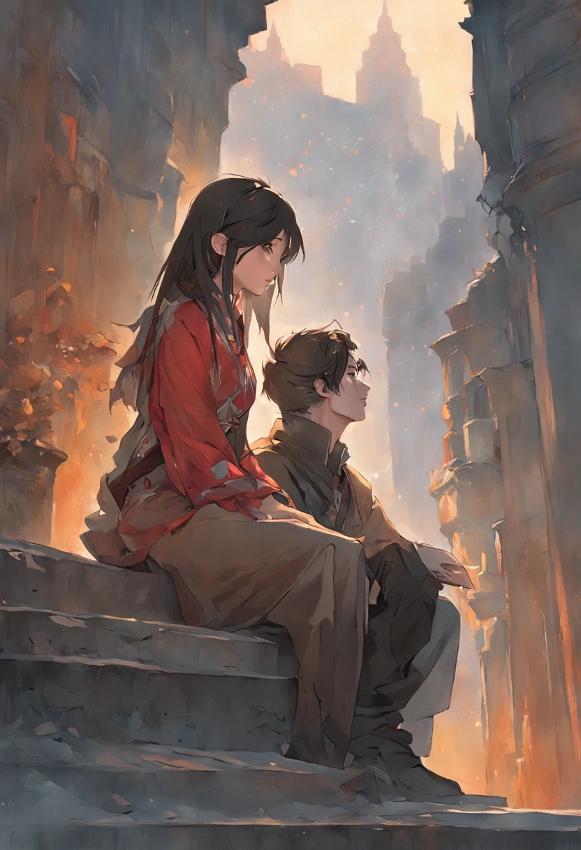man and woman, sitting on the ledge, magali villeneuve', Magali Villeneuve, inspired by Magali Villeneuve, graphic artist magali villeneuve, magali villeneuve and monet, charlie bowater and artgeem, Charlie Bower and Tom Bagshaw, Darius Zawadzki and Tom Bagshaw
