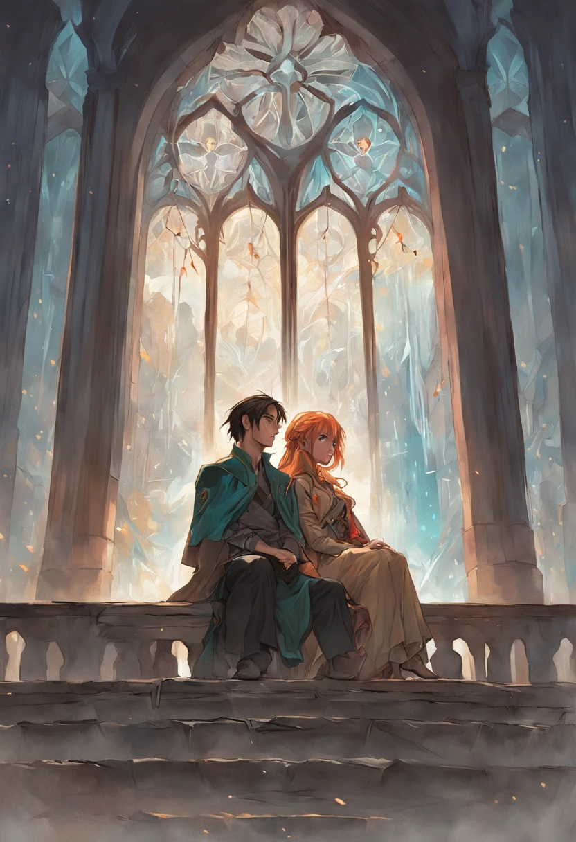 man and woman, sitting on the ledge, magali villeneuve', Magali Villeneuve, inspired by Magali Villeneuve, graphic artist magali villeneuve, magali villeneuve and monet, charlie bowater and artgeem, Charlie Bower and Tom Bagshaw, Darius Zawadzki and Tom Bagshaw