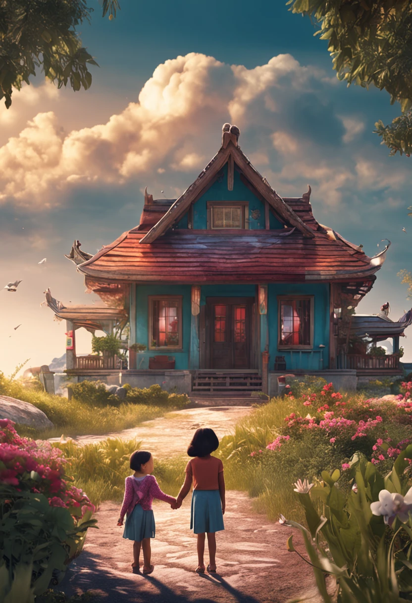 South Korea, family (vader, Mother and daughter), Smile, love, Happy Home, Surrounded by nature. Highly detailed illustrations with excellent lighting and clear images. 8K