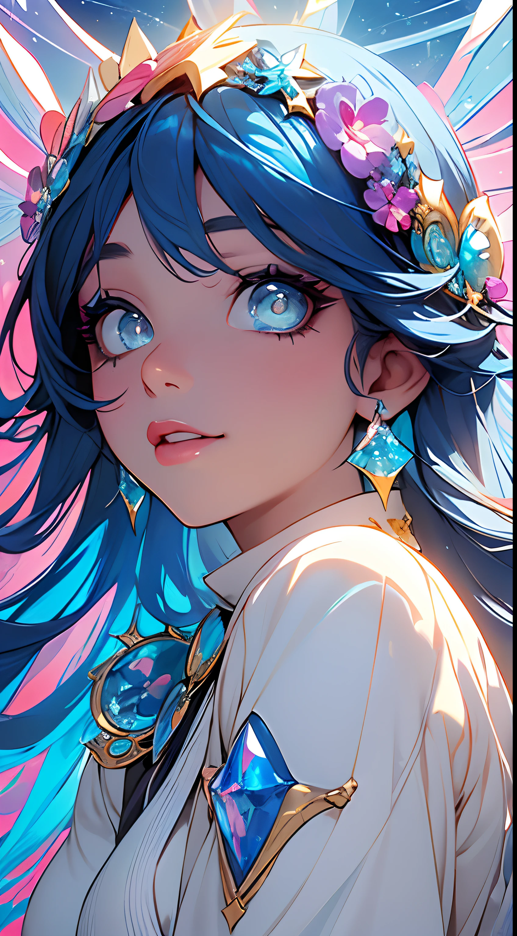 ((masterpiece、top-quality、Watercolor art(Pendants)、Official art、Beautifully Aesthetic:1.2))、(the golden ratio:1.2)、(ultra-detailliert:1.3)、(1girl in:1.3)、(Fractal Art:1.3)、full body Esbian、((Glitter pupils))、patterns、((colourful hair、Half blue and half dark blue:2))、colourfull、Writing、(heterochromia iridis:Blue right eye and light blue left eye)、(colourfull:1.5)、((Shy face))、(Hyper-detailing), ((delicate detail)), (intricate detailes), ((ciinematic light, best quality backlight)), highcontrast, ((The best lighting, extremely delicate and beautiful)), ((ciinematic light))、(ray trace reflection、brilliance)、((glowing aura))、((Radiant hair))、((The ultra-detailliert))、((8K))、((write))、Delicate beautiful face and eyes,Focus on Face, masterpiece,Shock sensation、(realisitic:0.5)、Original 2 High Saturation、((Neat and clean woman))、((night sky full of stars))、(((Shining eyes:2))),(((Crystal pupil:1.2))),(((Big eyes:1.2)))、(((Crystals in the eye:1.2))), absurderes, superfine illustration, Best Quality, Very beautiful girl, Very detailed and very beautiful adult big smile:1.2, ;D, Face up, Beautiful Growing Crystal Diamond Silver Star Pupil, look at viewr, Beautiful detailed** Blue Land **hair:1.2, Solo, Beautiful detailed **Blue and silver** ribon, Beautiful detailed **Blue Land** (((High School Uniform))), Fantastic and shining wide rainbow with circles, Shooting stars and strong winds、Night and rainbow shooting stars, Magic Circle:1,2 of the detailed background、Shining Blue