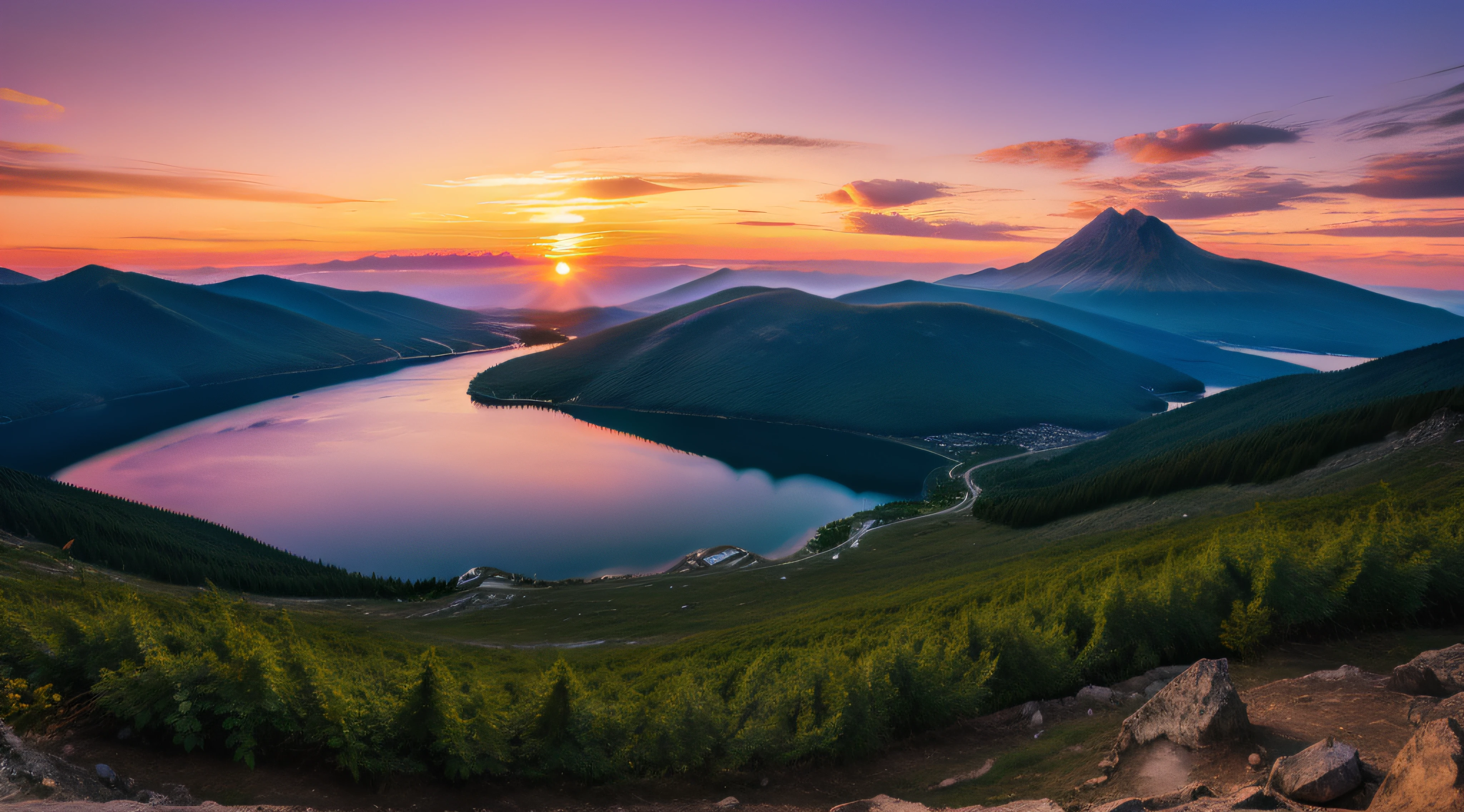 Sunset on mountain, lago sob a montanha