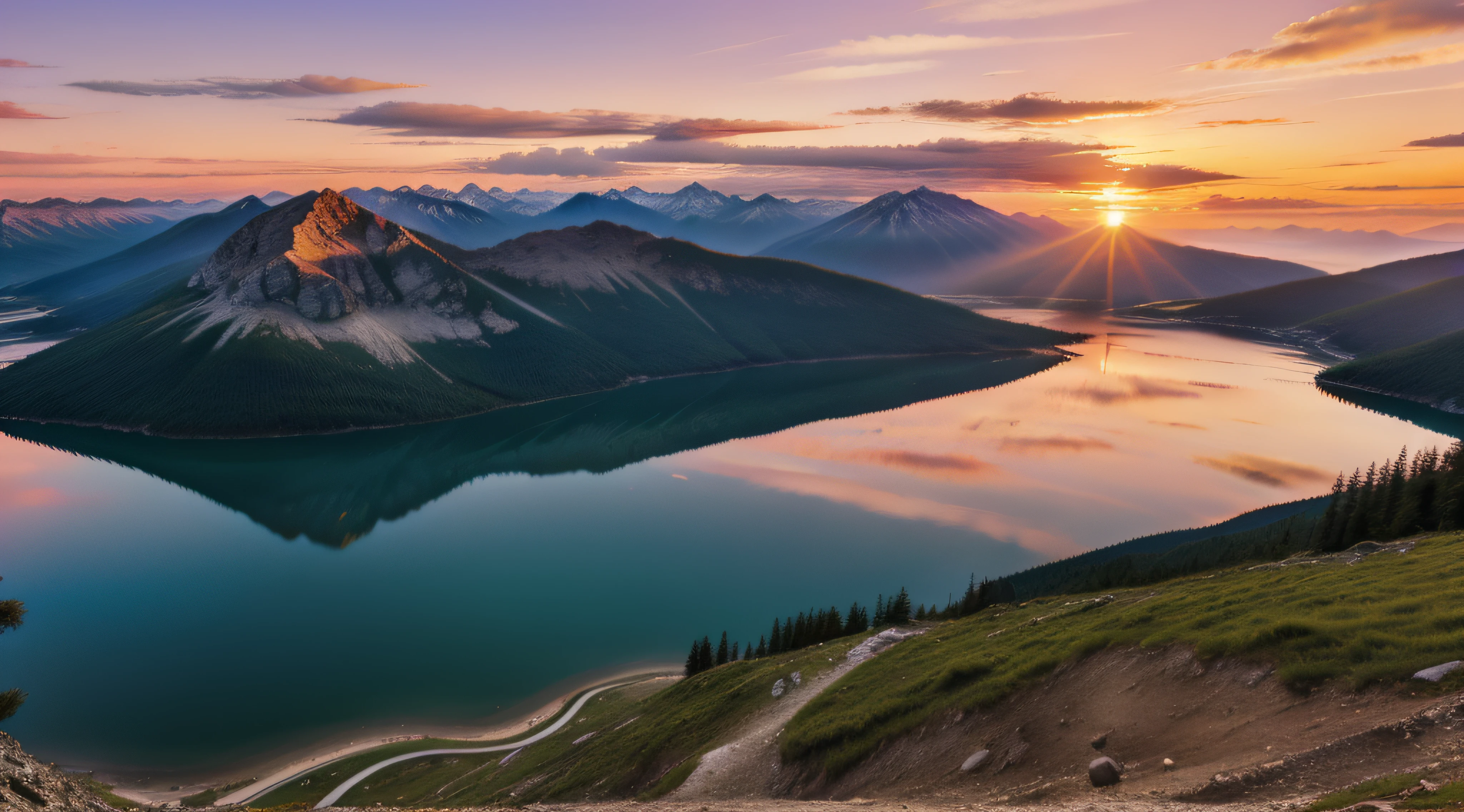 Sunset on mountain, lago sob a montanha