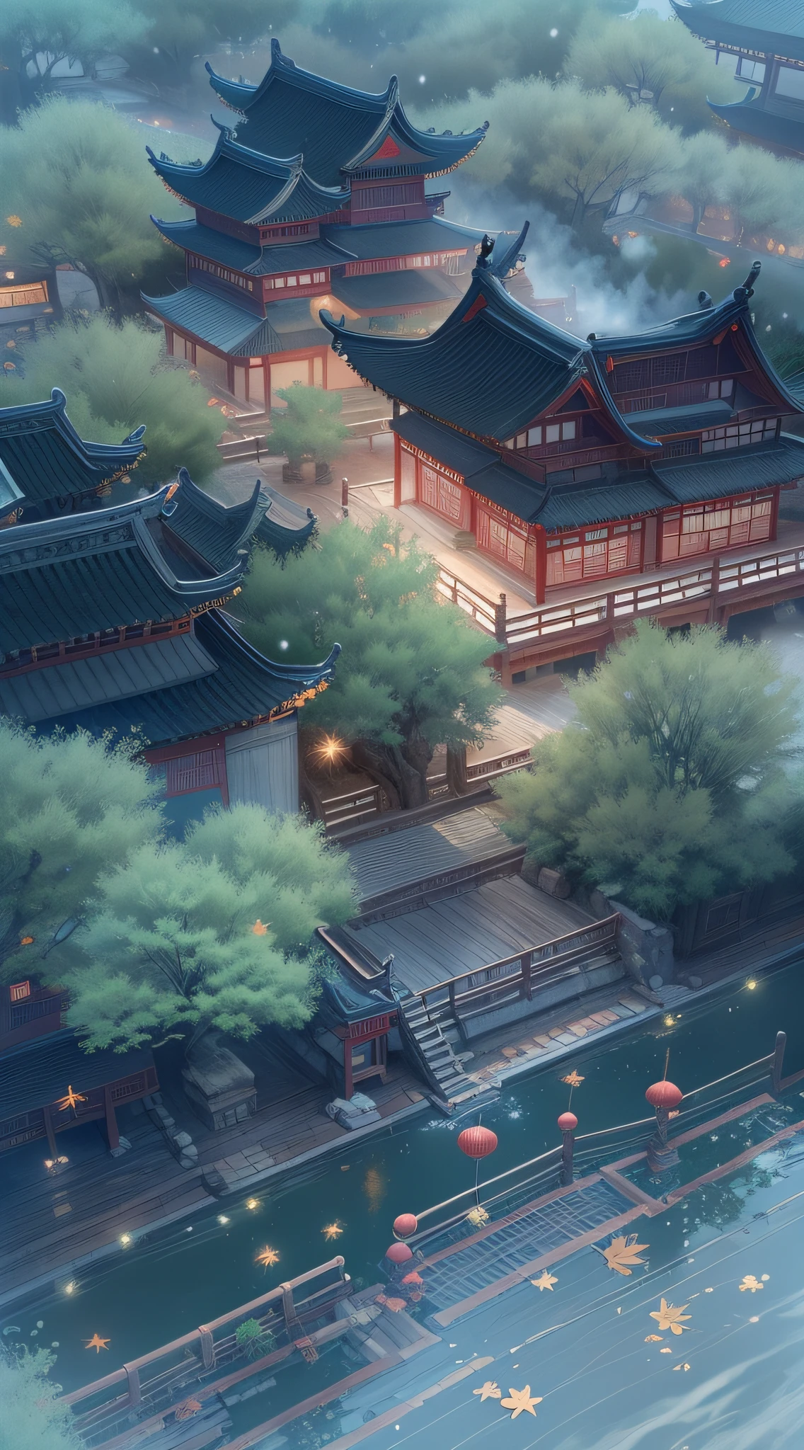 Rendering in surreal CG ancient China,Jiangnan ancient buildings and ancient towns have Yaolin wonderland。viewed from bird's-eye,the night,The stars are bright,The smoke is fascinating,Maple leaves and milk leaves are trees。snow landscape。k hd
