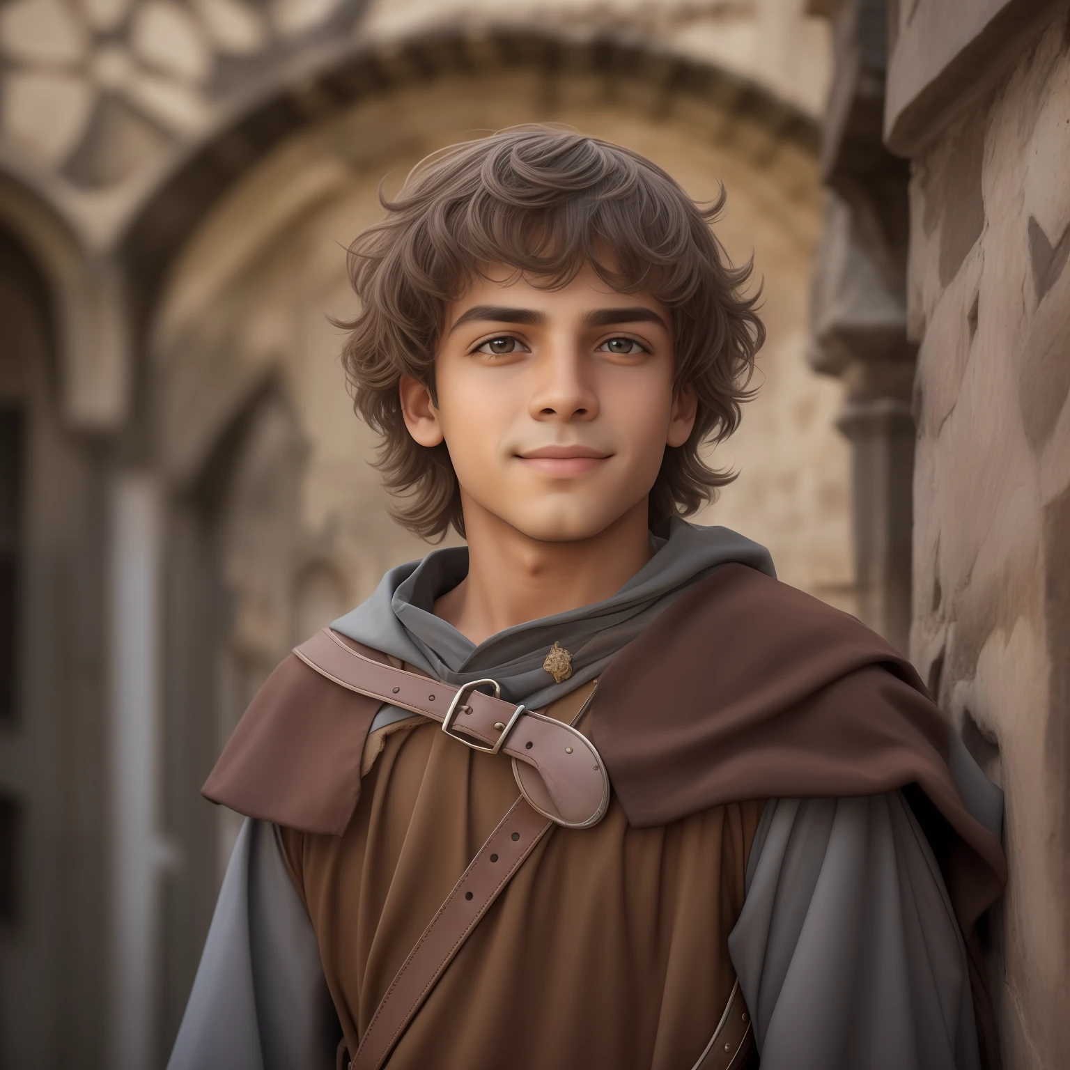 cinemactic, fotografia, foto retrato, sozinho, 14 anos de idade medieval fantasia menino acrobata, cabelo loiro cinza, comprimento dos olhos, look of confidence, esquisito, odd, Fantasy medieval acrobat nice clothes, um pouco louco, Encrenqueiro, olhar inteligente, sorriso louco, bolsas sob os olhos, em uma grande cidade medieval, Canon EOS 5D Marca IV, Historical, fantasia, hiper detalhado, texturas precisas, Realistic, skin pores