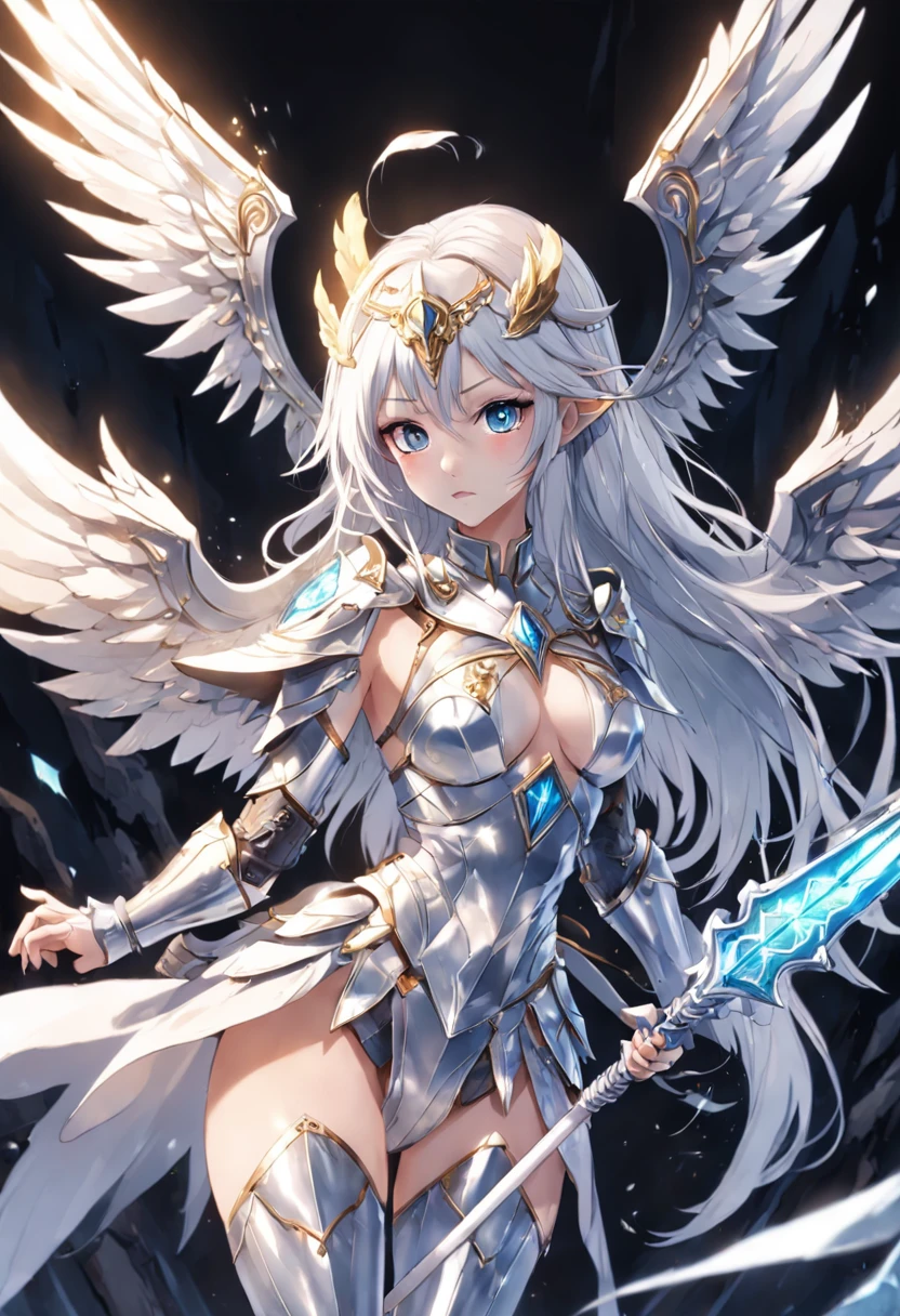 One wears an eye patch，Silver crystal wings，Dressed in gleaming white armor, the nymph wields a sturdy shield made of a luminous spear that exudes a great deal of darkness and the hardest rock，At the same time, a negative aura of terror emanated around her