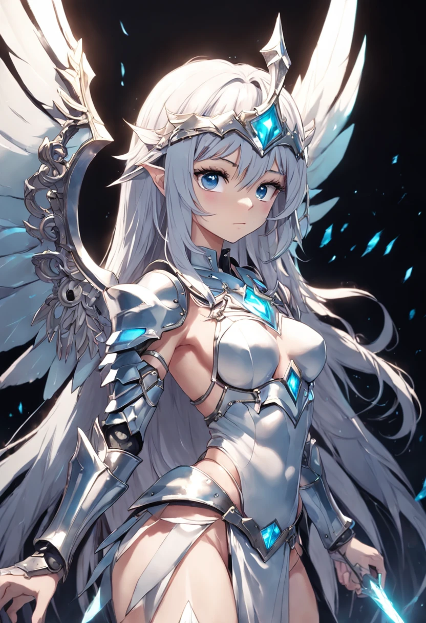 One wears an eye patch,Silver crystal wings,Dressed in gleaming white armor, the nymph wields a sturdy shield made of a luminous spear that exudes a great deal of darkness and the hardest rock,At the same time, a negative aura of terror emanated around her