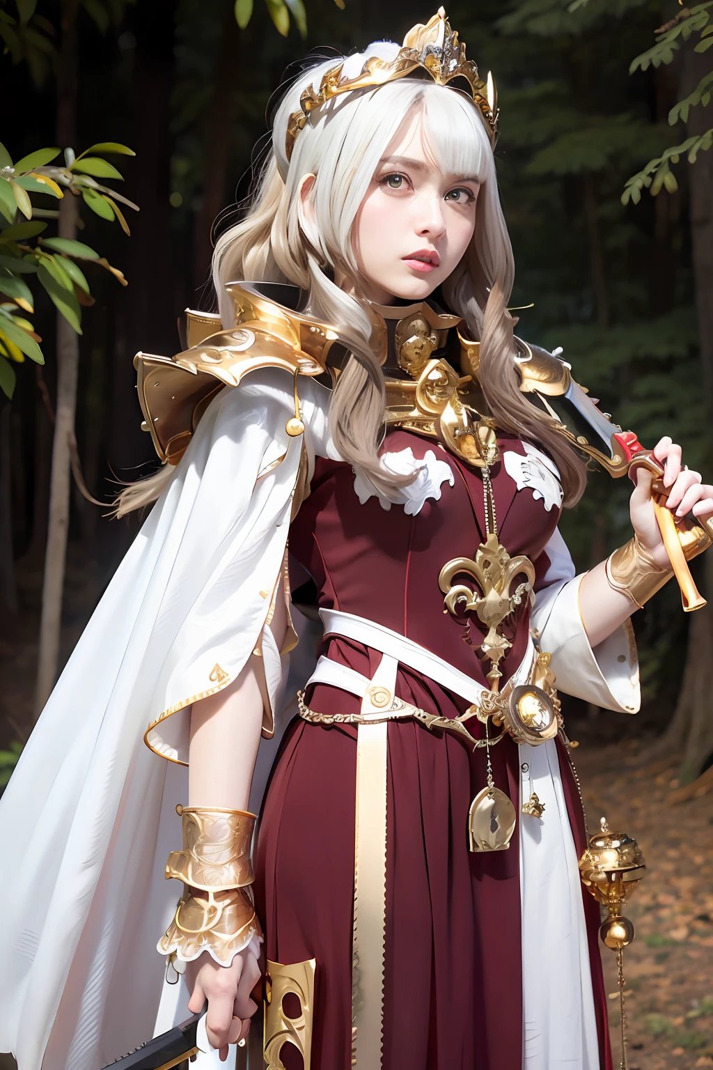 (masutepiece), Professional , ​masterpiece、top-quality、photos realistic , depth of fields ,（Wind element），tornado，Lightning，（Gemstone Silver Metal Body:1.９),(Matte White、 Gold Weapon_（Metal:1.４),Gorgeous metal weapons , Detailed Sword of the Brave , Beautiful knife   ,warhammer 40k , adepta sororitas,Detail and ornate jewel crown、Brown hair、Gangle's forest background、Beautiful Caucasian beauty、１a person、dynamic ungle,(((Detailed and ornate diamond crown)))、Particles of light、