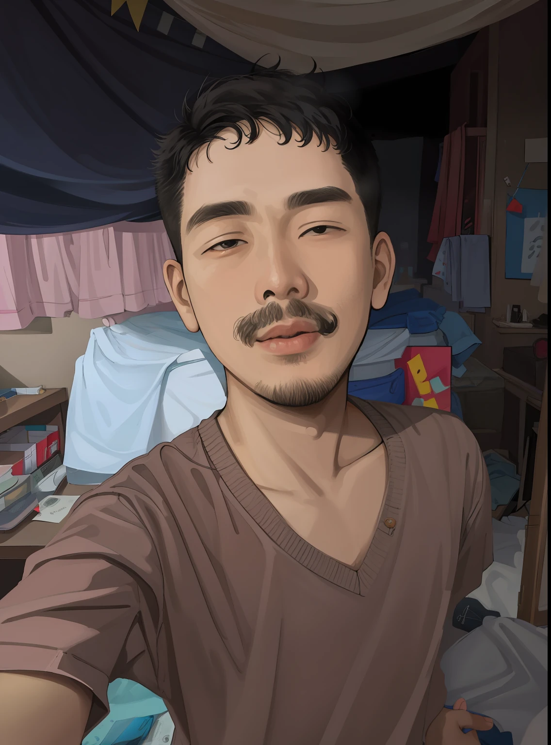 there is a boy taking a selfie in a messy room, south east asian with round face, 2 7 years old, without mustache, thawan duchanee, 2 8 years old, 2 3 years old, with mustache, young cute wan asian face, clean shaven face, 8k selfie photograph, 2 2 years old, asian male, 2 9 years old