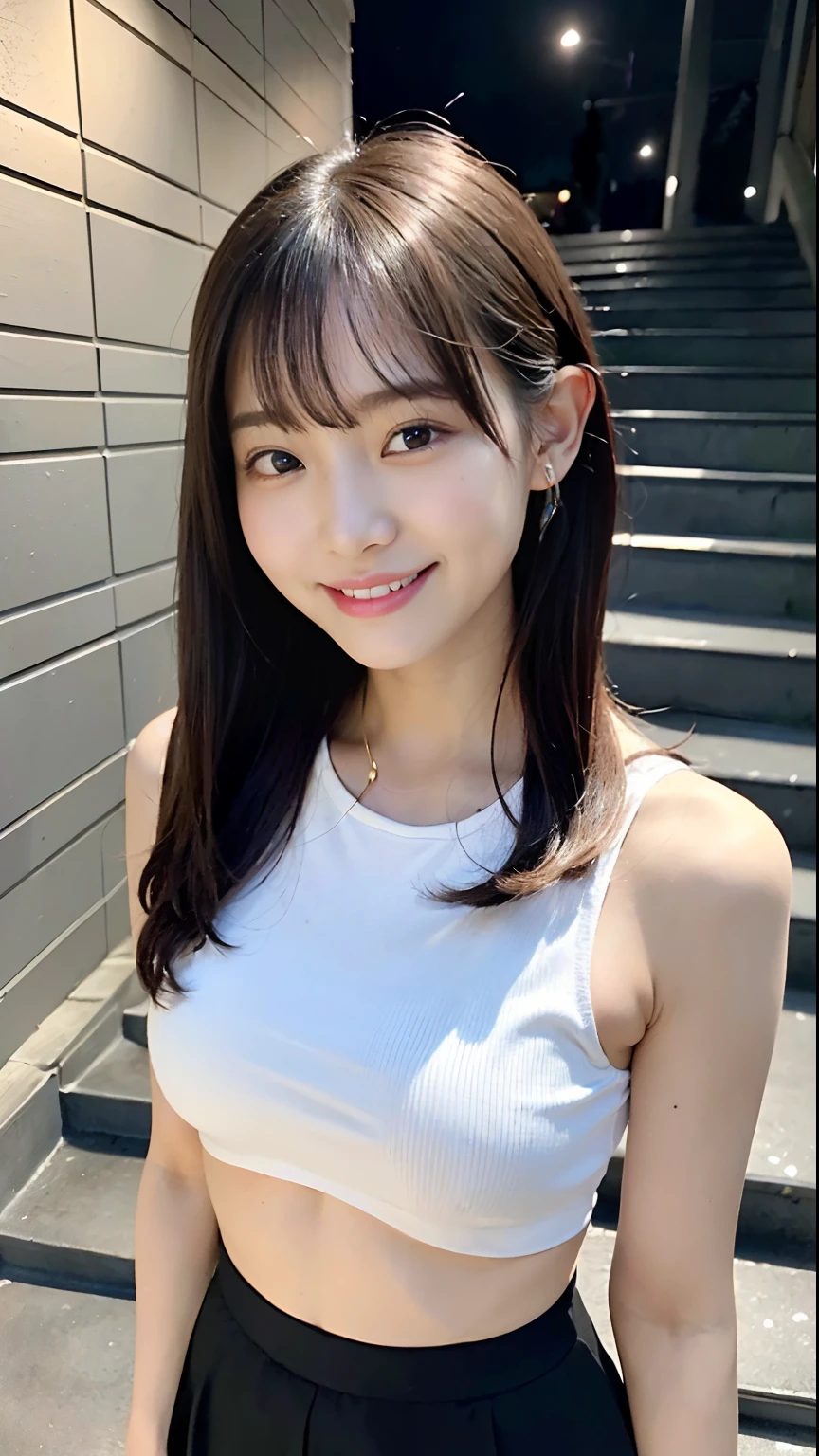 (top-quality、8K、32K、​masterpiece、nffsw:1.2)、1girl in、beautiful japanese female、(a beauty girl)、big breasts thin waist、Aligned bangs、Tight white tops、Black miniskirt、20yr old、Coming down the brick stairs、（pretty pose:1.2)、(smil:1.5)、