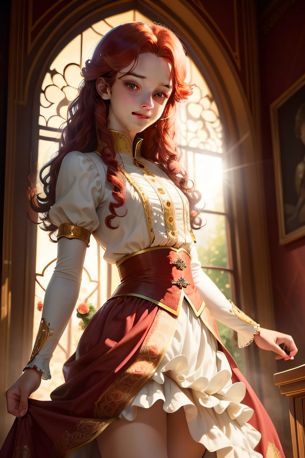 Masterpiece, best quality, 1 male, ager, delicate eyes, intricate details, rich movements, delicate skirt, long red curls, yellow eyes, smile, gentle smile, sunlight, roses, flames, best light and shadow
