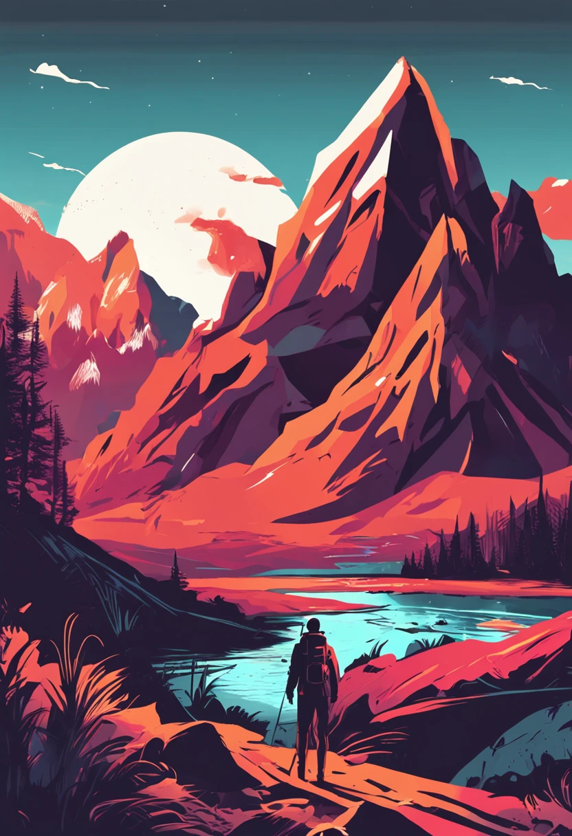 adventure scene with explorer, with beautiful nocturnal sun and mountain in the background, clean white background, professional vector, full shot, 8K resolution, deep impression illustration