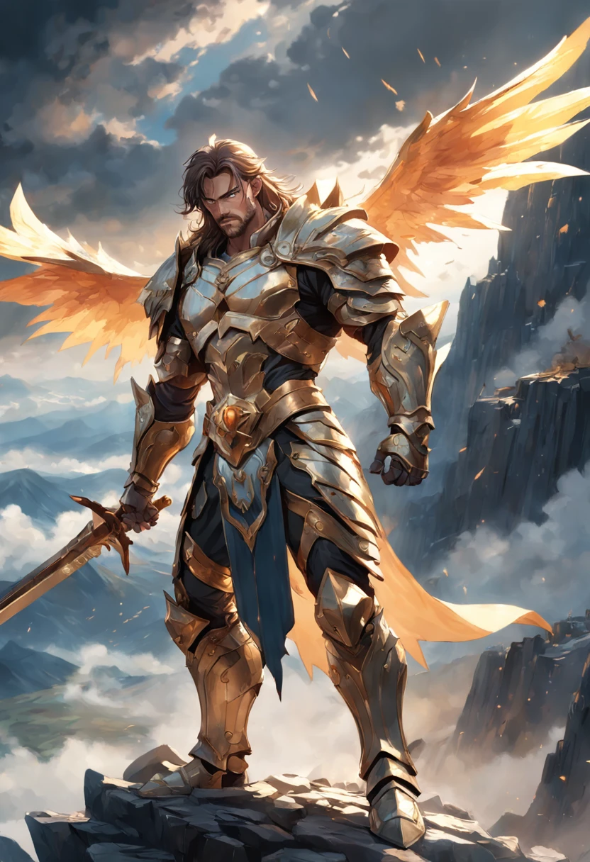 a close up of a person in armor holding a sword, Complex armor patterns,Golden armor,Stand on top of a high mountain,Clouds in the sky surround the sun,(professional 3d render:1.3) af (Realistic:1.3) The most beautiful artistic photo in the world,soft features, Brilliant male hero, ((Epic hero rough fantasy muscular male wet hero angry looks long hair, Intense expression of short beard and dynamic pose, Fantastic location, Majestic and cluttered environment)), Full body 8K unit rendering, action shot, skin pore, very dark lighting, heavy shading, A detailed, Detal Face, (vibration, Realistic photography, Realistic, Dramatic, darkly, foco nítido, 8K), (Old leather clothing damaged due to bad weather:1.4), ((((Use skins)))), (复杂:1.4), decadent, (highly detailed:1.4), digitial painting, rendering by octane, art stations, concept-art, Liso, foco nítido, illustration, From the budding of art, (loish:0.23), wlop ilya kuvshinov, e Greg Rutkowski e Alphonse Mucha Gracias, (global ilumination, studiolight, Amount of light), very heavy rain, Floating particles, lotr, fanciful, biz, Inteiroesbian body, ((Dark and ancient city background:1.3)),CGSesocieda,art stations