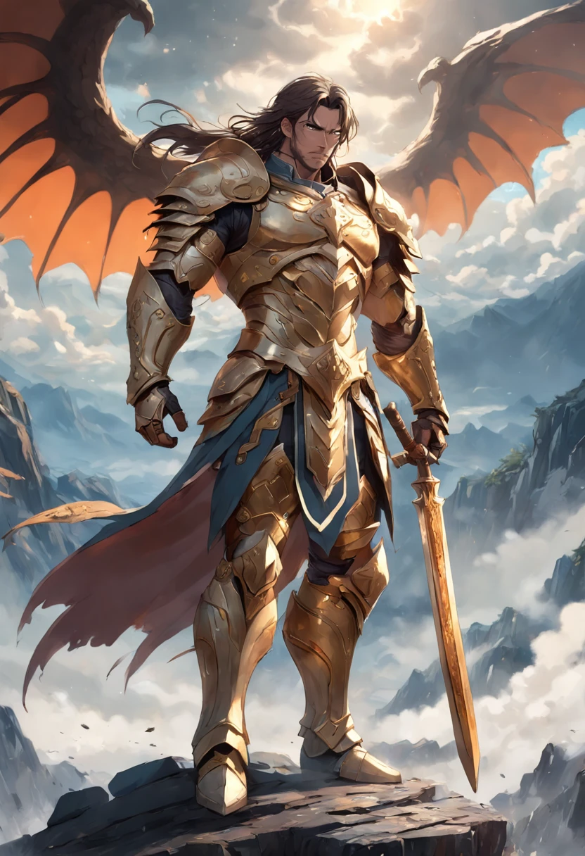 a close up of a person in armor holding a sword, Complex armor patterns，Golden armor，Stand on top of a high mountain，Clouds in the sky surround the sun，(professional 3d render:1.3) af (Realistic:1.3) The most beautiful artistic photo in the world，soft features, Brilliant male hero, ((Epic hero rough fantasy muscular male wet hero angry looks long hair, Intense expression of short beard and dynamic pose, Fantastic location, Majestic and cluttered environment)), Full body 8K unit rendering, action  shot, skin pore, very dark lighting, heavy shading, A detailed, Detal Face, (vibration, Realistic photography, Realistic, Dramatic, darkly, foco nítido, 8K), (Old leather clothing damaged due to bad weather:1.4), ((((Use skins)))), (复杂:1.4), decadent, (highly  detailed:1.4), digitial painting, rendering by octane, art  stations, concept-art, Liso, foco nítido, illustration, From the budding of art, (loish:0.23), wlop ilya kuvshinov, e Greg Rutkowski e Alphonse Mucha Gracias, (global ilumination, studiolight, Amount of light), very heavy rain, Floating particles, lotr, fanciful, biz, Inteiroesbian body, ((Dark and ancient city background:1.3)),CGSesocieda,art  stations