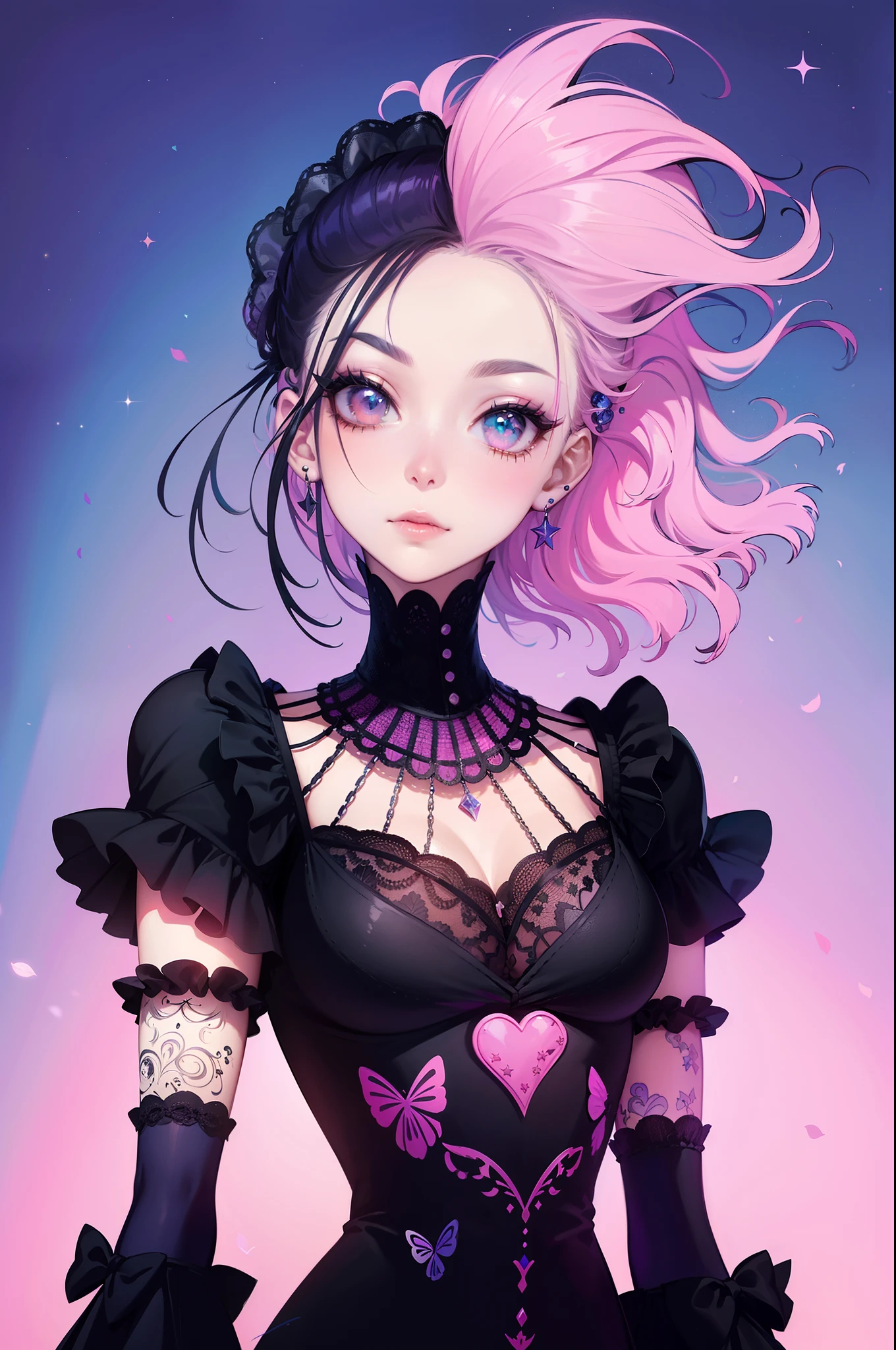 En un hermoso parque una mujer de aspecto moderno. It has a very colorful and striking kawaii gothic style.., con un maquillaje elegante y una peluca colorida. ((cabello arco iris))