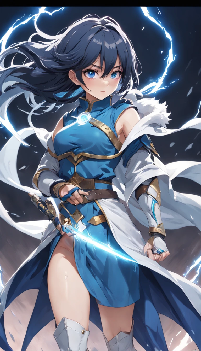 18 year old asian woman, Right eye is blue, The left eye is black, different eye colors, (Dagger in left hand), The power of the dagger lightning, Right arm gauntlet, The gauntlet has the power of the wind, blue cloak, Blue muffler, White shirt under blue cloak, white short pants, thighs thighs thighs thighs, Pommel boots, Light clothing with an emphasis on speed、 (A dark-haired), shinny hair, Pupil mismatch, Sclera mismatch, chromatic abberation, negative space, Tachie, 85 mm, canon, nffsw, masterpiece, tre anatomically correct, Skin Texture, super detailing, high détails, hightquality, awardwinning, top-quality, hight resolution, 8K, hard disk, Black hair, Twin-tailed, surrealism, Tachi-e, negative space, from behind, nffsw, masutepiece, Anatomically correct, Textured skin, Super Detail, high details, awardwinning, Best Quality, 16 K