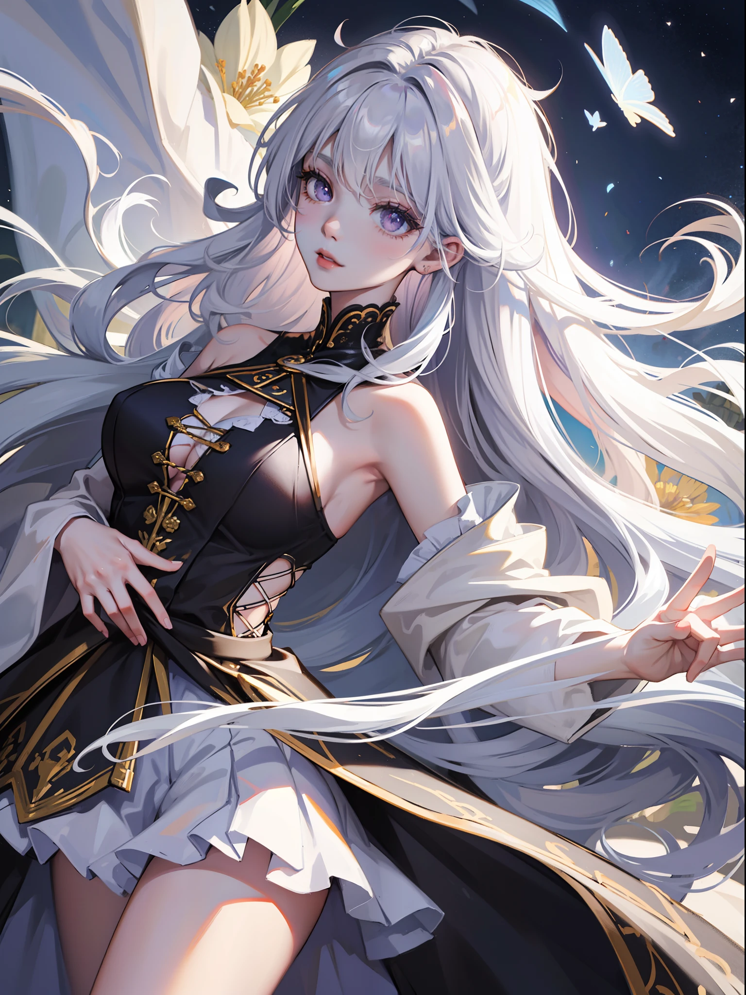 (masterpiece, best quality:1.2),a beautiful girl，Skin detail processing，The eyes are finely described，Delicate hair，wavy long hair，Long light hair，Wear a large bow on your head，Black Sweater，white dots，skirt，Retro contrasting coloremento mori、（write）、（purple、yellow）、spark、fantasy creature, elaborate details, painting, watercolor painting,Loose and fluffy、long curled silver hair、black dress、dutch angle,good anatomy,dynamic pose, action pose, open pose, dynamic angle,(Evere_shy smile:1.2), details layered skirt、Art Nouveau fashion embroidery、intricate detailesh wire、glasswork、horny girl, cute type、Transparent blood vessels、very delicate face,soft clean focus, analog 150mm lens、 (very delicate and beautiful art)1.3, It&#39;s elegant, (pastel colors)1.2,clean background