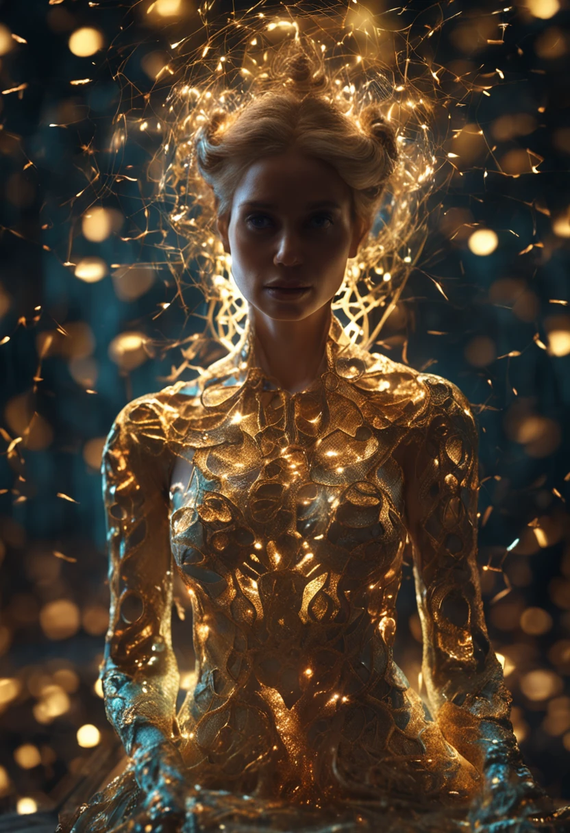 Uma mulher espectral de fantasmas 3D, iluminada por um brilho dourado