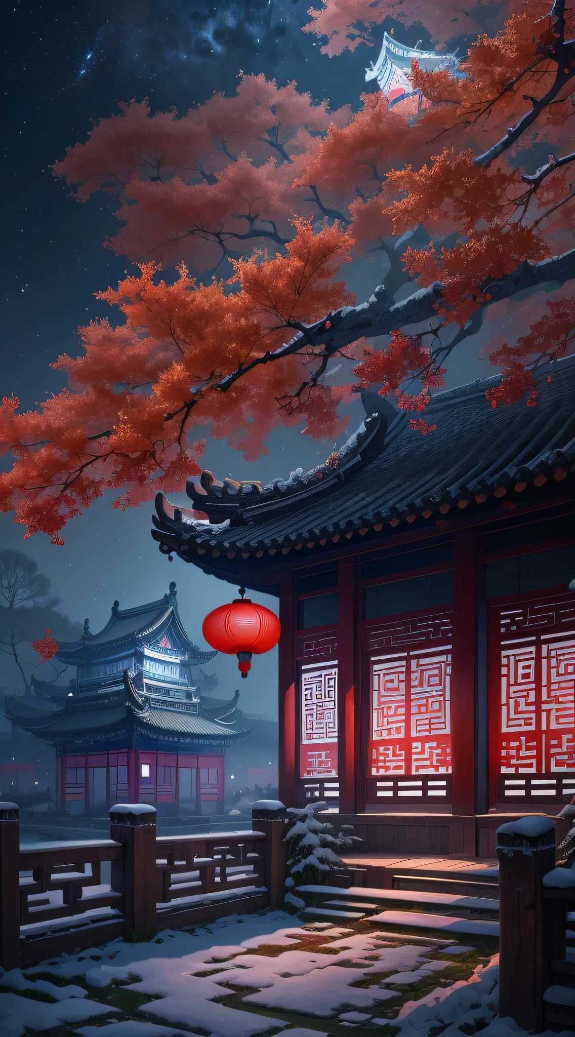 Rendering in surreal CG ancient China,Jiangnan ancient buildings and ancient towns have Yaolin wonderland。the night,The stars are bright,The smoke is fascinating,Maple leaves and milk leaves are trees。snow landscape。k hd