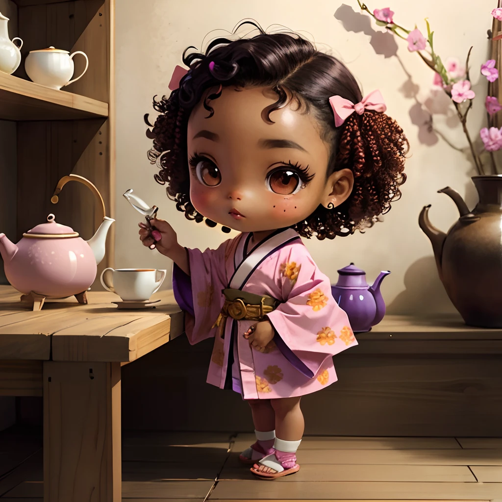 Cute brown skinned chibi anime, with freckles,purple and pink kimono, in a teapot, drink tea, curly black hair, in a frame, full body, wear sandals