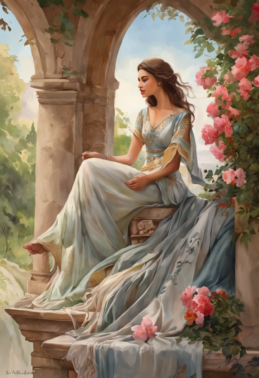 men and women, Sitting on the ledge, Flowers, Long flowing dress fabric, clear facesMagali Villeneuve, magali villeneuve', inspired by Magali Villeneuve, graphic artist magali villeneuve, magali villeneuve and monet, charlie bowater and artgeem, Charlie Bower and Tom Bagshaw, Darius Zawadzki and Tom Bagshaw