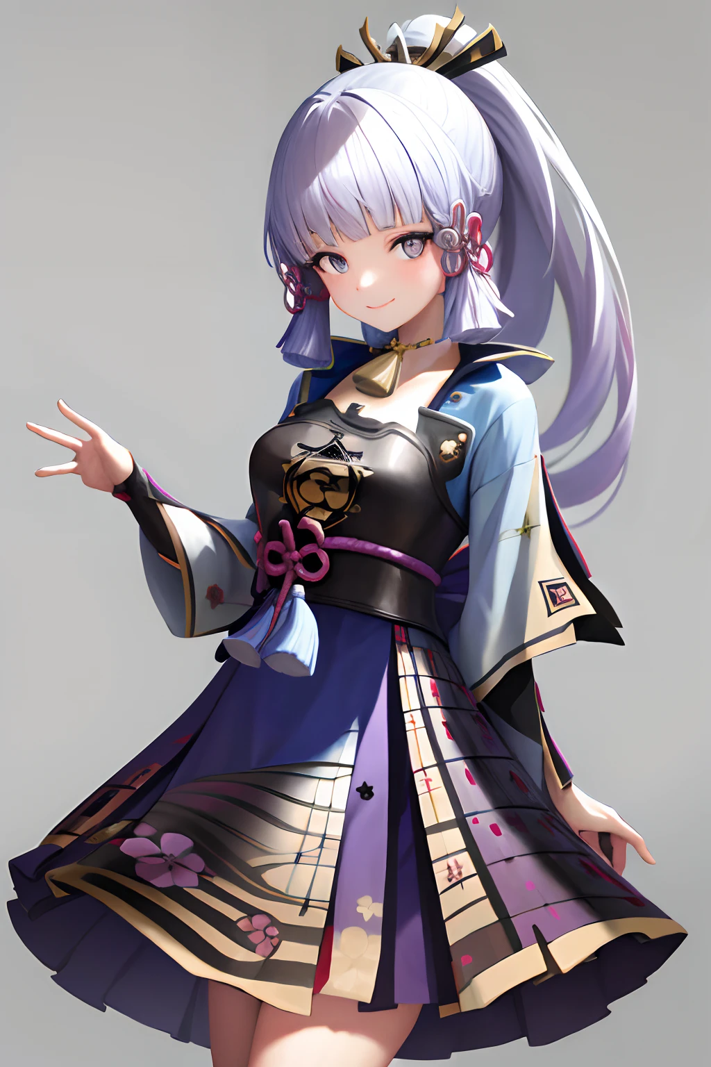 masterpiece, highres, best quality, 1girl solo, smile, kimono, black hair, purple highlights, Ponytail