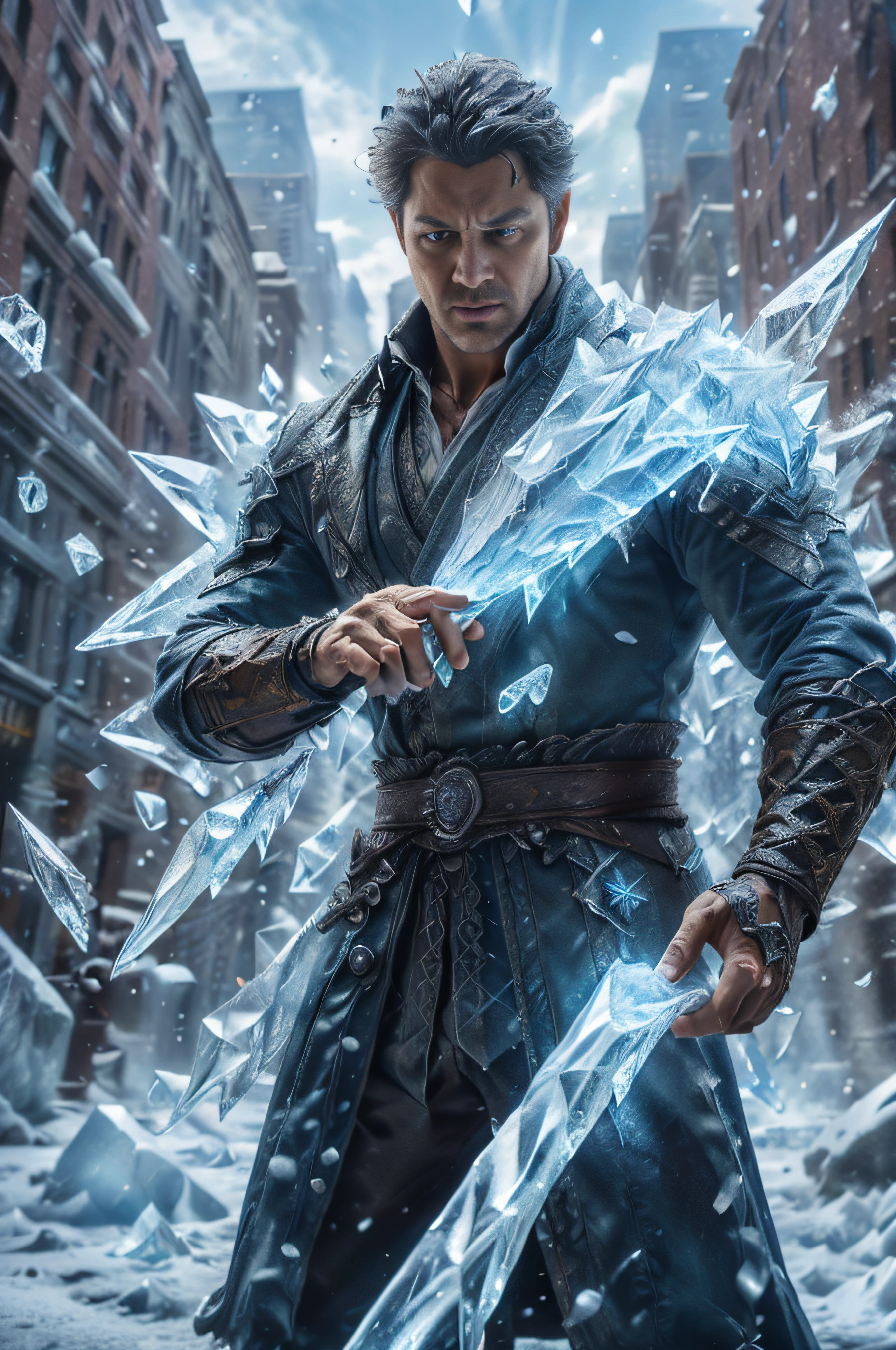 realistic, ((masterpiece)), ((best quality)), (detailed), cinematic, dynamic lighting, soft shadow, detailed background, professional photography, depth of field, intricate, detailed face, subsurface scattering, realistic hair, realistic eyes, muscular, manly, photo of a handsome man, ice-shard, ice, crystal, magic, dynamic pose, fighting stance, portrait, upper body, shooting ice shards from hand,