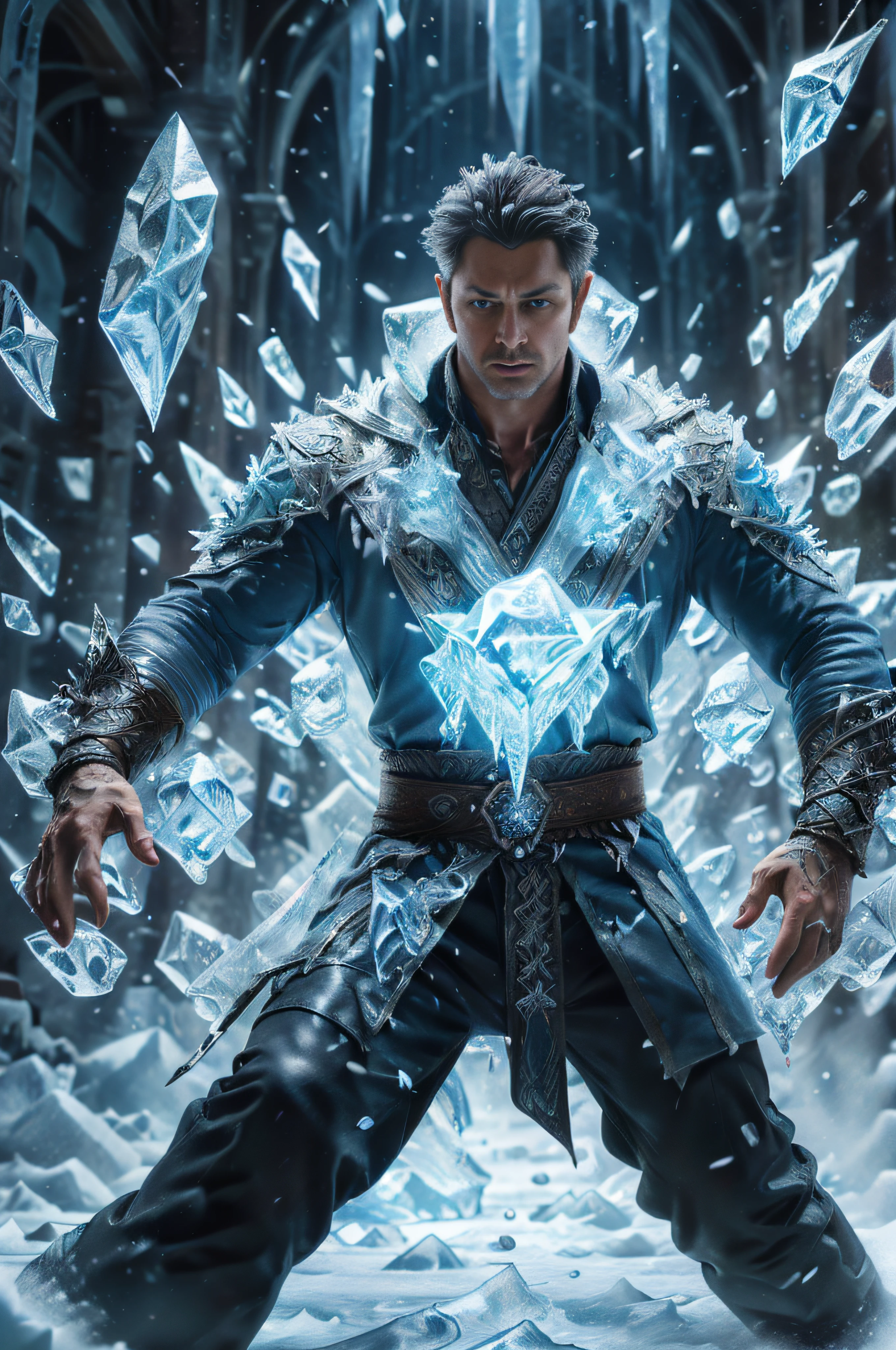 realistic, ((masterpiece)), ((best quality)), (detailed), cinematic, dynamic lighting, soft shadow, detailed background, professional photography, depth of field, intricate, detailed face, subsurface scattering, realistic hair, realistic eyes, muscular, manly, photo of a handsome man, ice-shard, ice, crystal, magic, dynamic pose, fighting stance, portrait, upper body, shooting ice shards from hand,