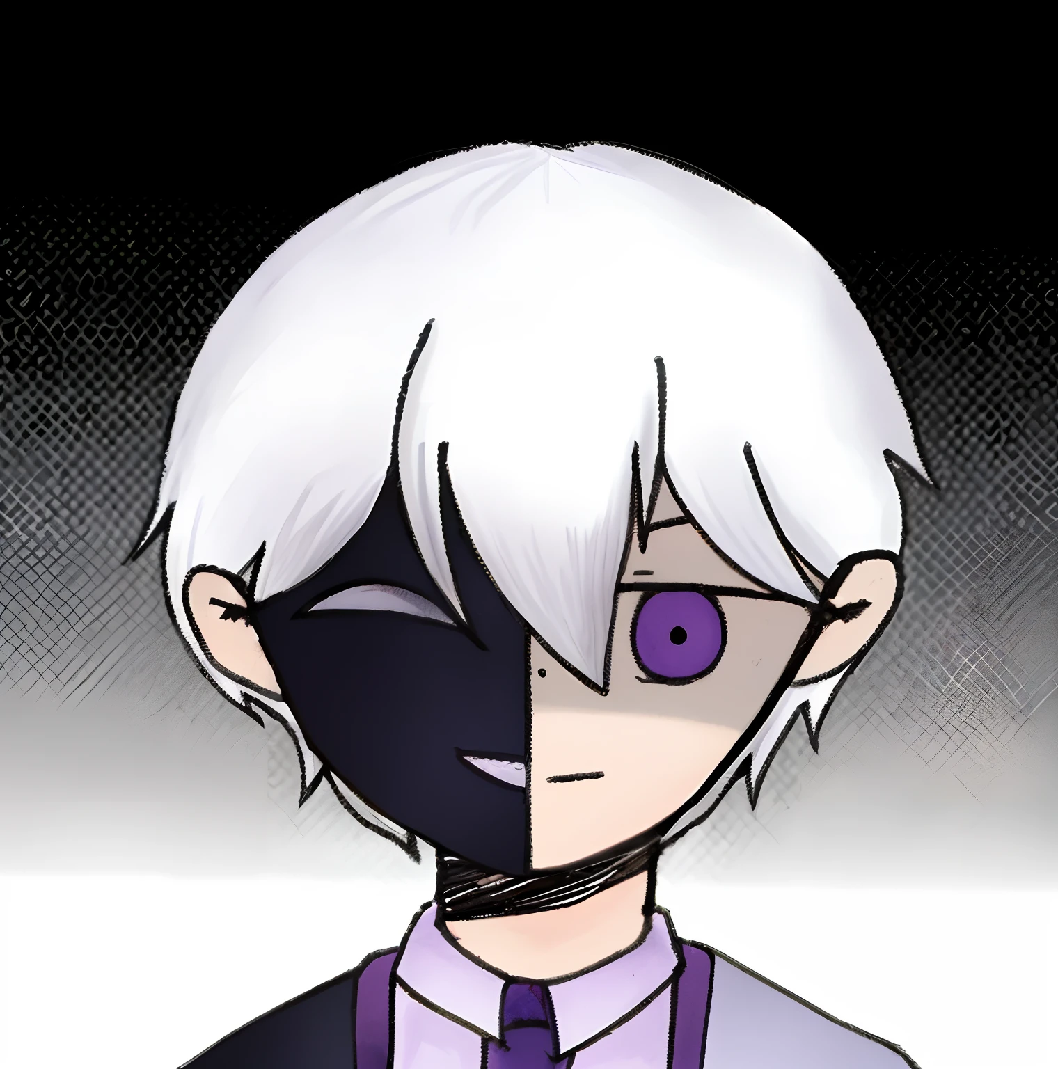 anime boy with white hair and purple eyes wearing a black tie, 2 d anime style, ken kaneki, portrait gapmoe yandere grimdark, he has dark grey hairs, highley detailled face, gapmoe yandere grimdark, portrait demon half human, halfbody headshot, kaneki ken, digital art from danganronpa, 2 d sprite