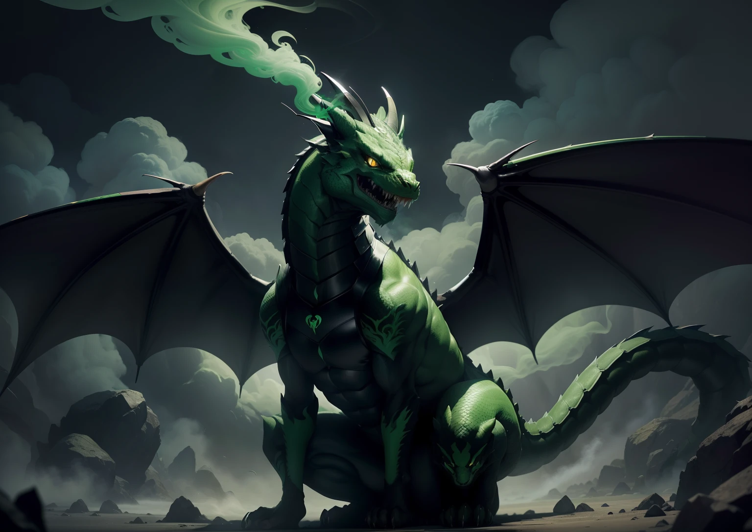 1Black dragon,adicionar veneno na boca, adicionar armadura prata, adicionar asas grandes, dentes afiados, Two paws on the ground, dragon's head, veneno verde, demonio, veneno verde, green smoke, Vapor verde, place covered with green smoke, veneno, acid, gosma,