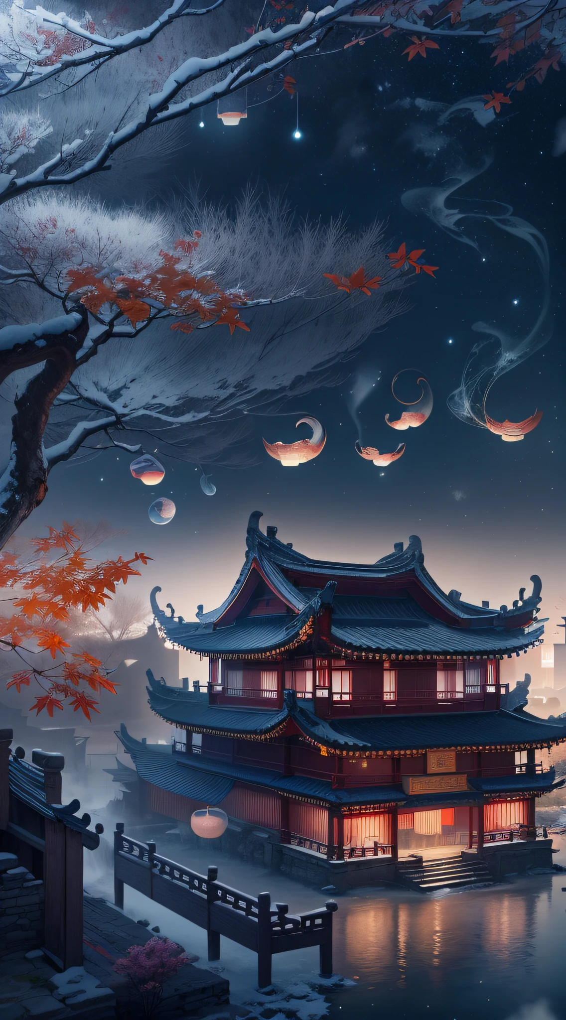 Rendering in surreal CG ancient China,Jiangnan ancient buildings and ancient towns have Yaolin wonderland。the night,The stars are bright,The smoke is fascinating,Maple leaves and milk leaves are trees。snow landscape。k hd