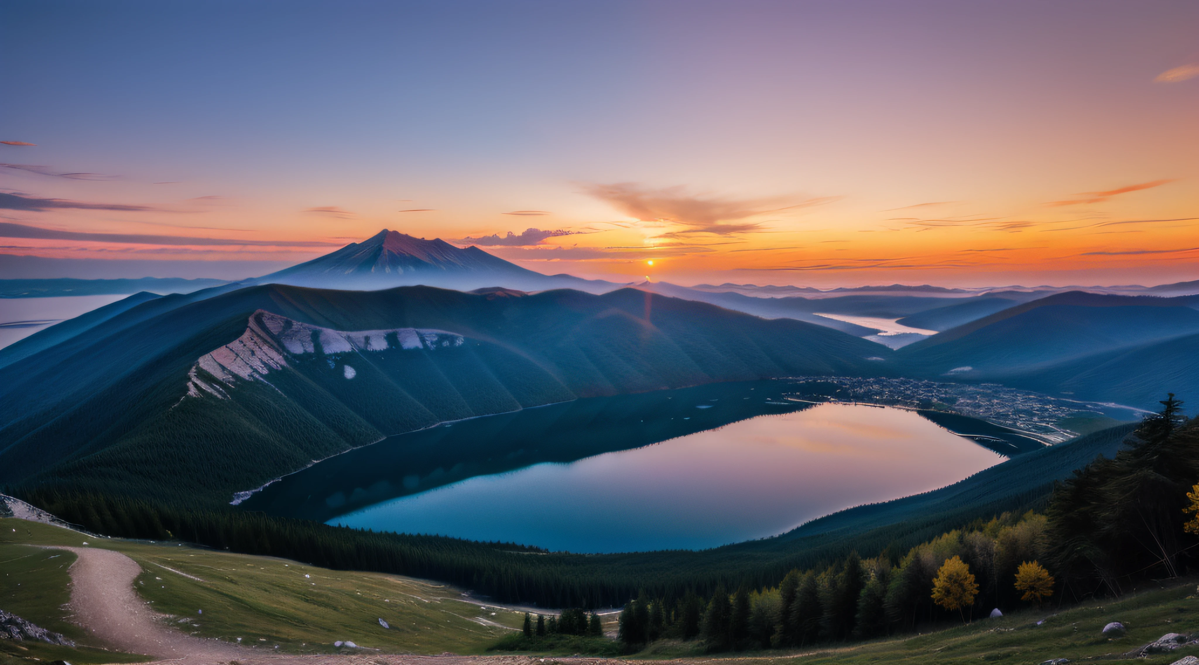 Sunset on mountain, lago sob a montanha