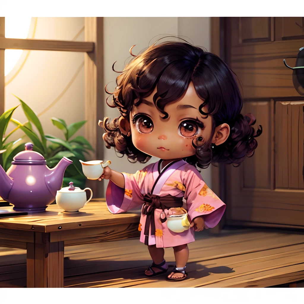 Cute brown skinned chibi anime, with freckles,purple and pink kimono, in a teapot, drink tea, curly black hair, in a frame, full body, wear sandals