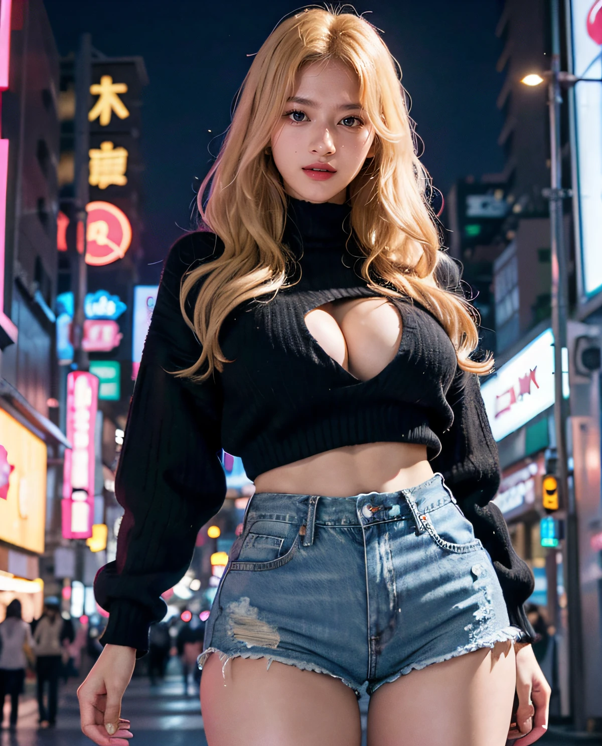 1girl, (pink Eyes), laughing, (Sana Minatozaki), wide hips, Big Boobs, big ass, (Best Quality, 8k, Masterpiece: 1.3), Clear Focus: 1.2, Perfect Body Beauty: 1.4 , Slender Abs: 1.2, Highly detailed face and skin texture, detailed eyes, double eyelids, red lips, black makeup, (blonde long hair), (jeans shorts), (black wool sweater), showing the tits, in a tokyo city at night, illuminated by signs