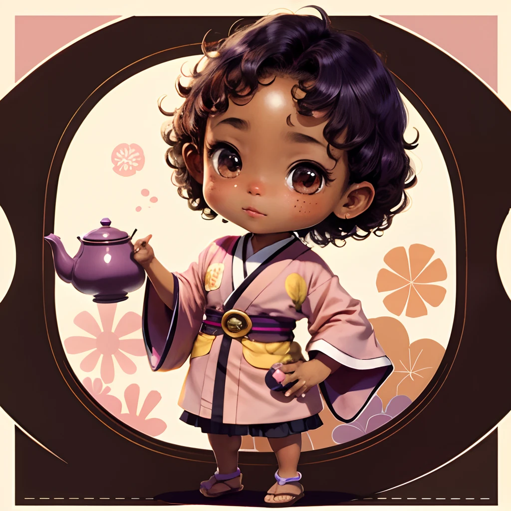 Cute brown skinned baby chibi anime, with freckles,purple and pink kimono, in a teapot, drink tea, curly black hair, in a frame, full body, wear sandals