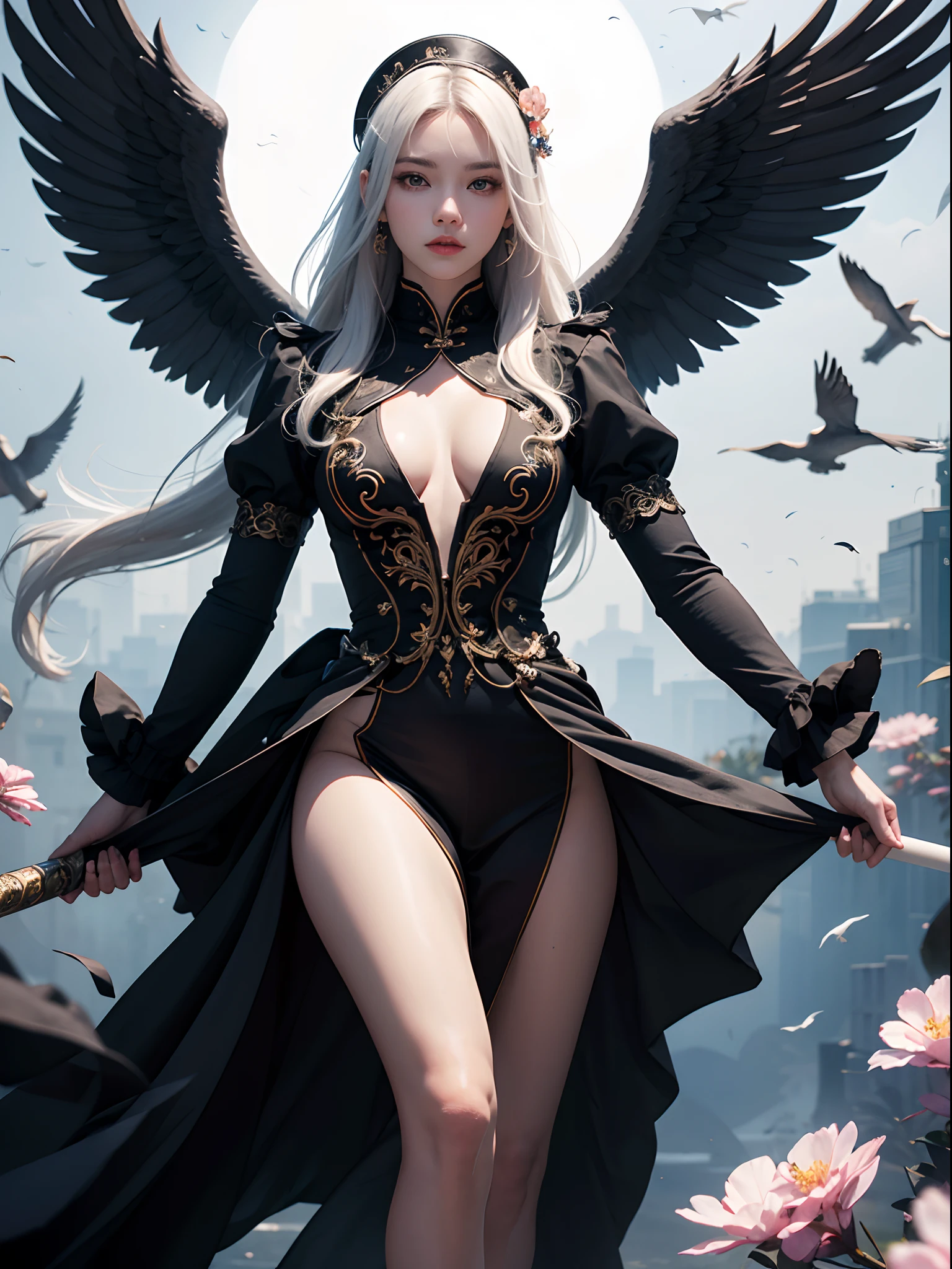 Unbeatable masterpiece, Ultra photo realsisim, Perfect artwork, Intricate details, Best quality, Strong light,High contrast, Real skin,Tall figure, detail-rich, Chinese long sword,standing on one leg,Beautiful girl with beautiful eyes,Full body view,Black cloth,Dancing,Streamers float,White_Hair,Colorful_Hair,Flowers,Birds, ,Dark_angel,Rebellious girl