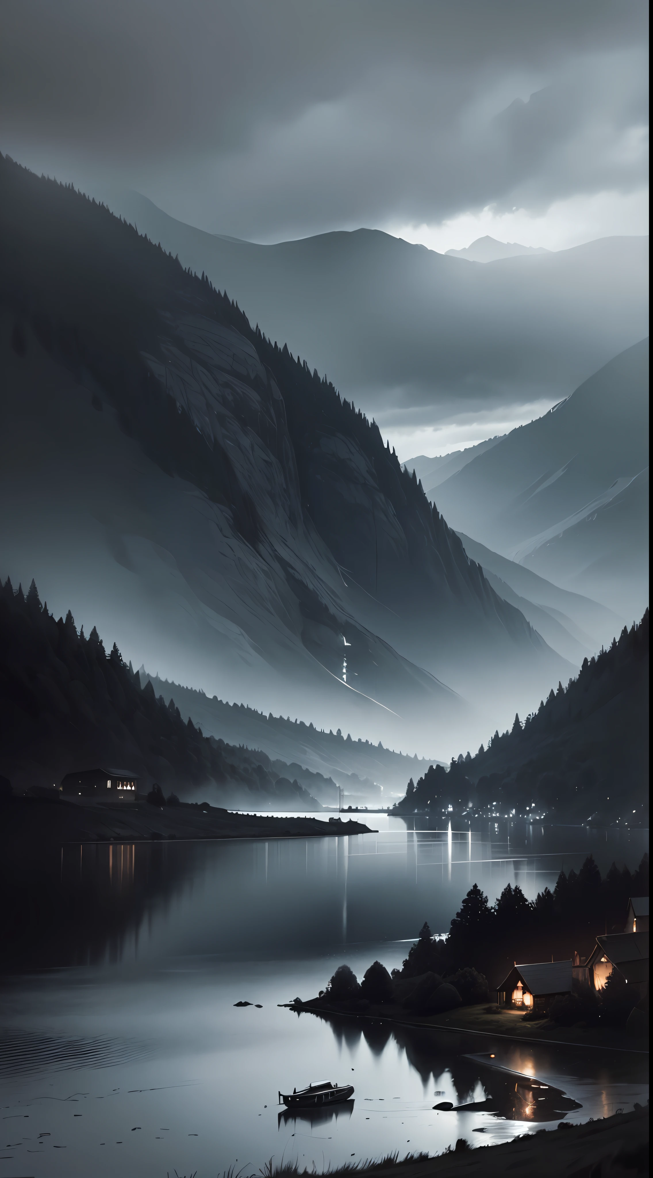 "Dark and melancholic atmosphere by the lakeside with small hills, amidst pouring rain, under dark clouds."