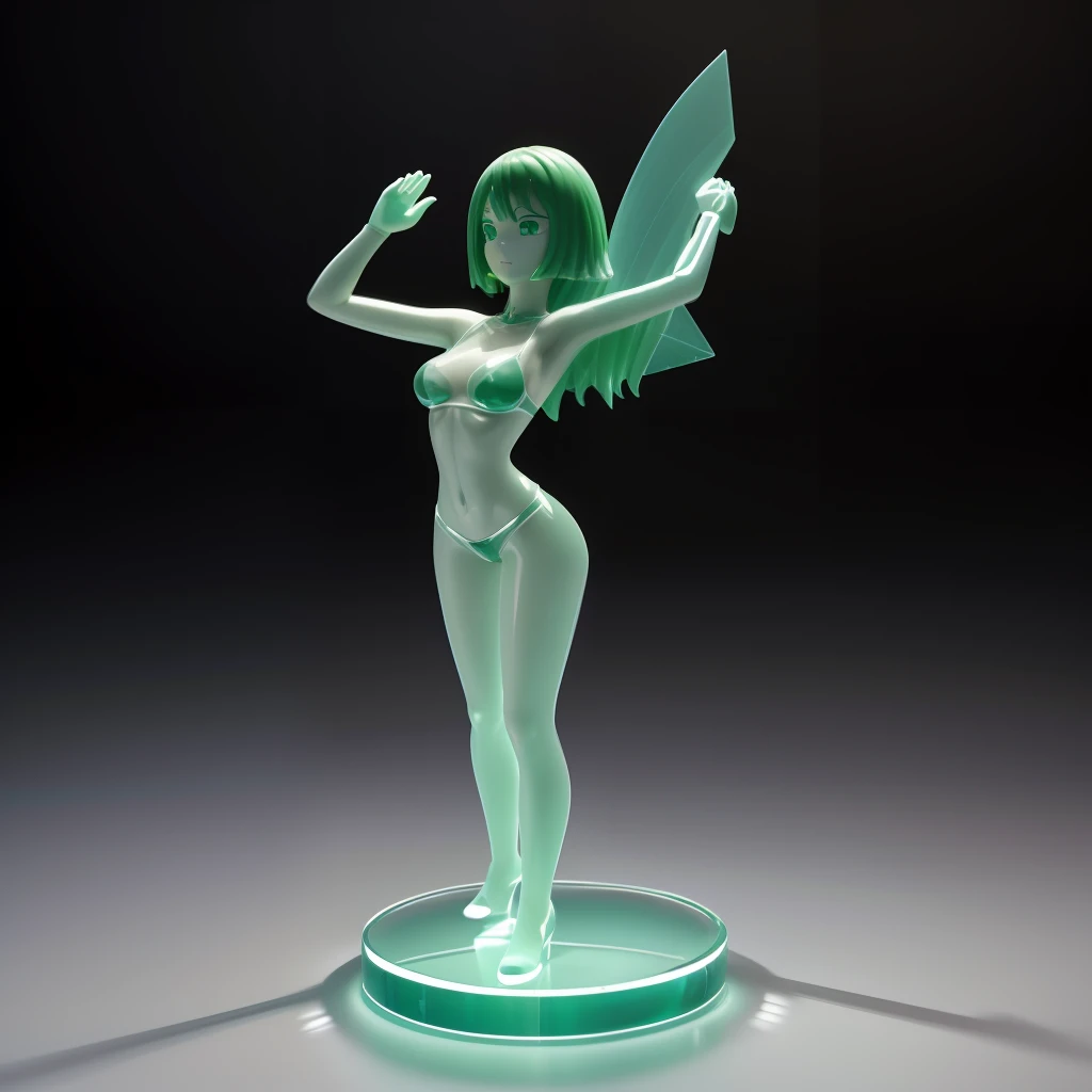 una figura de cristal de jadeita, chica anime, cuerpo completo, cuerpo compuesto por jadeita, transparente, translucid, 3D, tonos verdes, in Tai-Chi position, rodeada de cristales de jadeita, realista