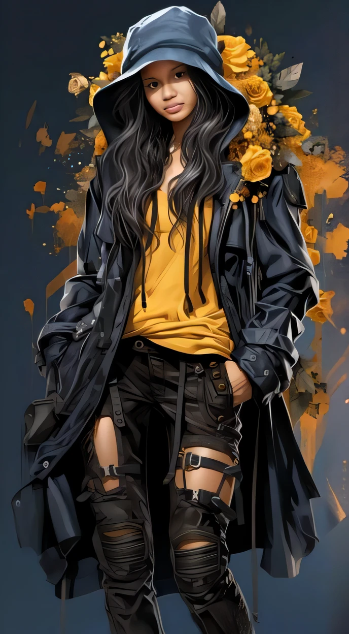 A woman in a black coat and yellow shirt stands, Estilo de Charlie Bowater, florpunk cyberpunk, Jet Black Haired Cyberpunk Menina, fanart menina urbana, Garota cyberpunk, Estilo Ross Tran, No estilo de Charlie Bowater, totalmente vestido. pintura de sexy, garota anime cyberpunk, menina de anime cyberpunk feminino, apocalyptic style, arte do personagem charlie bowater