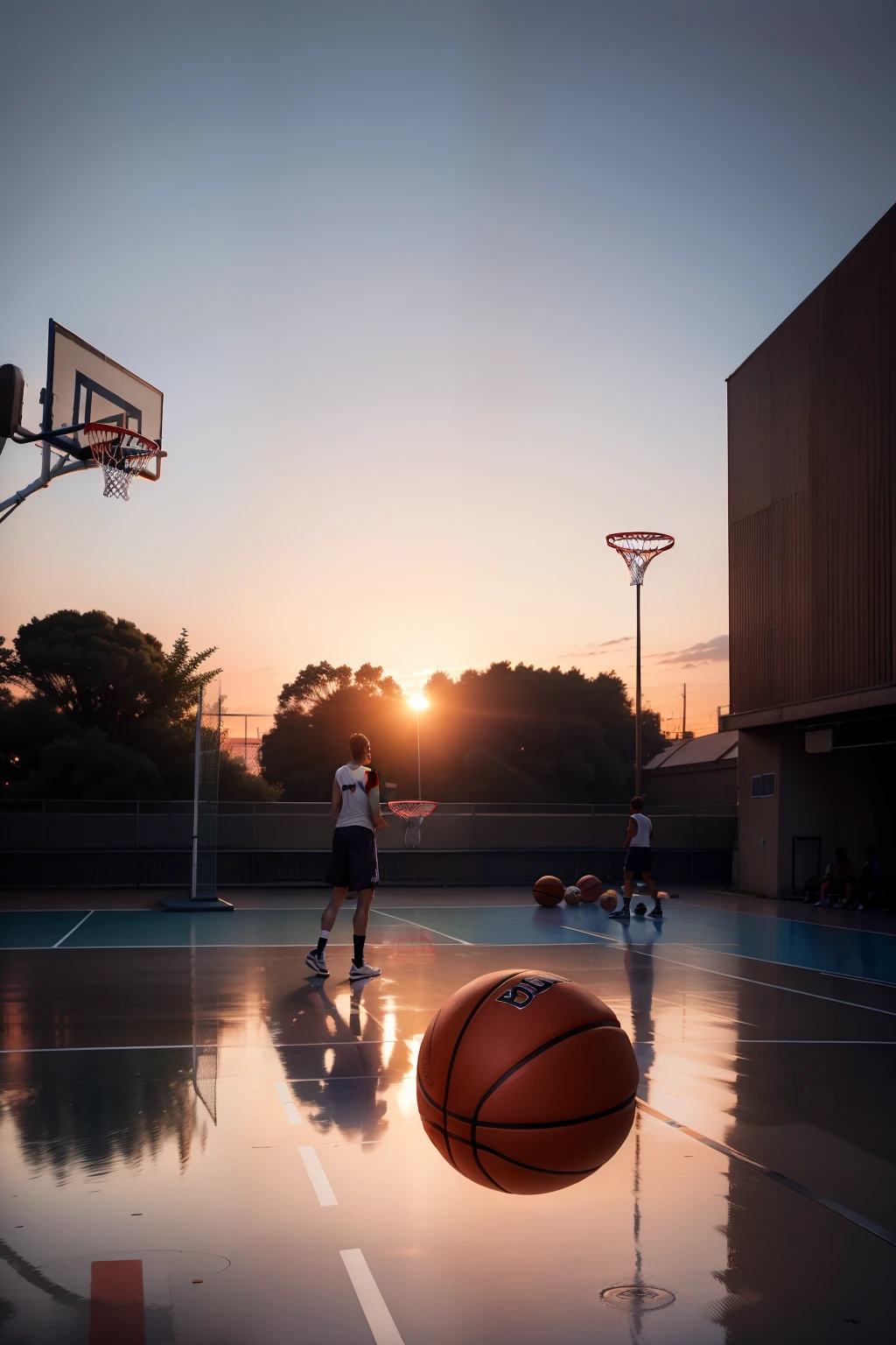 Basketball court at dusk, a group of agers holding basketballs,Facing the infinite sunset,Sweating wantonly,Around the stadium, people sat in pairs, drinking cold soda and blowing the summer breeze