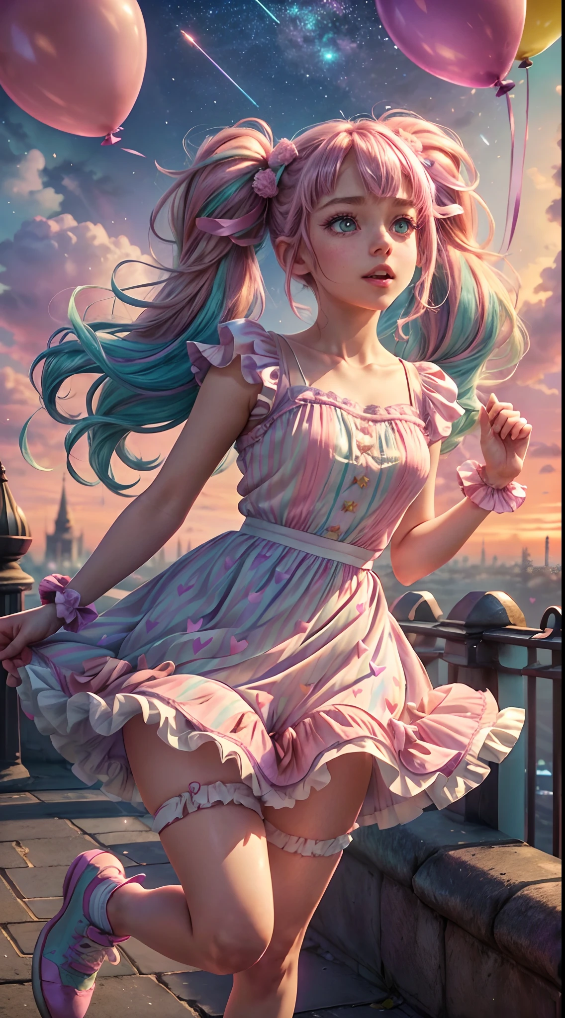 (fullbody, legs and shoes visible: 1.2)) expressive eyes, 1girl, pale skin, long hair, windblown hair, ((absurdly long hair)), long sidelocks, hime bangs, hair fringe, hair bun, ((very long twintails)), iridescent hair, light pink hair, blushing, full face blushing, big sparkling pastel purple eyes, (gradient eyes), open mouth smile, cute pose, ((holding balloons : 1.3)) 
((cute and pastel fashion)) ((🦄🎠🎈🎉 theme : 1.4)) flowy pastel dress, ((dreamy multicolored open dress)), (floating ribbons), lavender ruffles, pink frills, (light blue lace), detached short sleeves, puffy skirt, ((rainbows and stars print skirt : 1.3)), lolita skirt, purple bows, ((pompon ribbons hair ornament : 1.4)), multiple bows, striped lace stockings, (heart shaped leg garter), cute (pastel purple) shoes ((hyperdetailed clothing and fashion)) looking at you, vintage girl, blushing, (beautiful detailed eyes), (extremely detailed CG unity 8k wallpaper) (best shadow), ((an extremely delicate and beautiful)), (detailed light), ((depth of field)) big head, big sparkling eyes, moe, splash art, cinematic lighting, frontal view, volumetric lighting maximalist photo illustration 64k resolution high res intricately detailed complex key visual precise linear 
((in the dreamy pastel sky background, surrounded by sunset clouds, shooting stars, castles in the clouds)) ((hyperdetailed scenery, foggy clouds, suspended by balloons, hearts : 1.3))