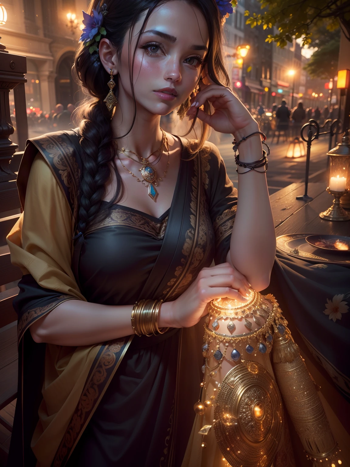best quality, masterpiece, highres, 1girl,indan dress,hair ornament,necklace, jewelry,Beautiful face,upon_body, tyndall effect,photorealistic, dark studio, rim lighting, two tone lighting,(high detailed skin:1.2), 8k uhd, dslr, soft lighting, high quality, volumetric lighting, candid, Photograph, high resolution, 4k, 8k, Bokeh, hyper realistic face