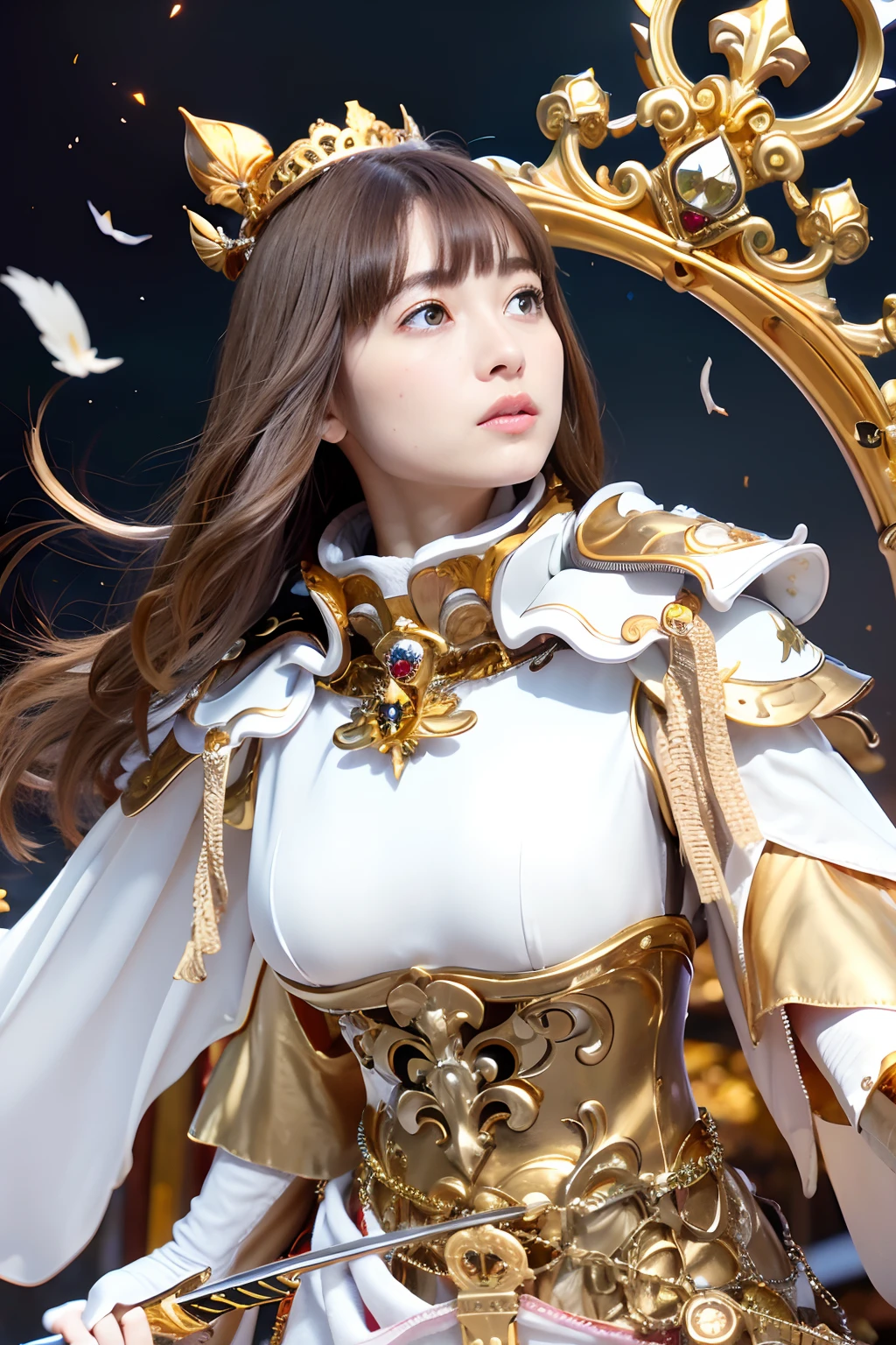 (masutepiece), Professional , masterpiece、top-quality、photos realistic , depth of fields ,(Wind element),tornado,Lightning,(Gemstone Silver Metal Body:1.9),(Matte White、 Gold Weapon_(Metal:1.4),Gorgeous metal weapons , Detailed Sword of the Brave , Beautiful knife ,warhammer 40k , adepta sororitas,Detail and ornate jewel crown、Brown hair、Gangle's forest background、Beautiful Caucasian beauty、1a person、dynamic ungle,(((Detailed and ornate diamond crown)))、Particles of light、
