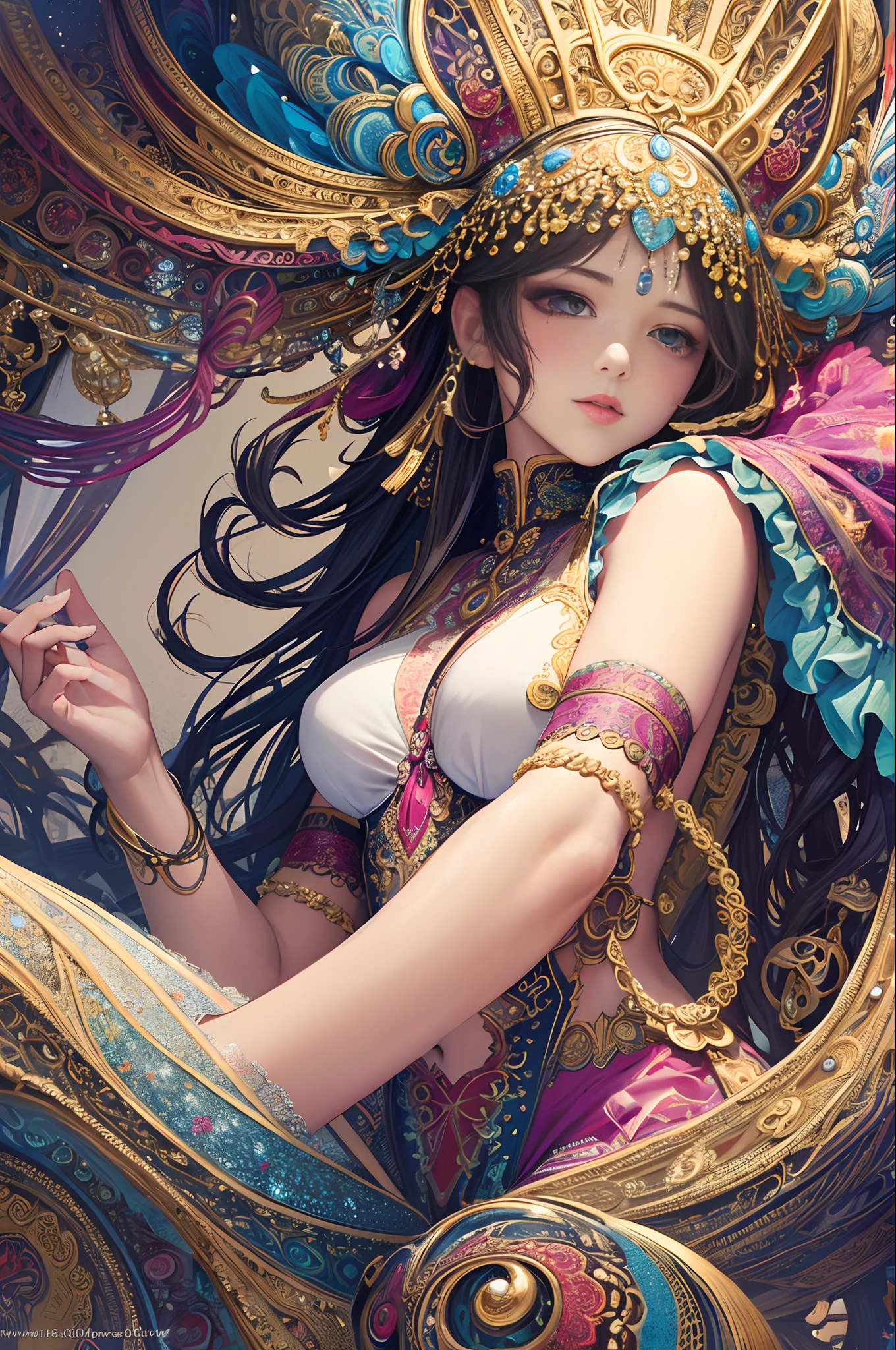 Best quality,masterpiece,ultra-detailed high res,(photorealistic:1.4),raw photo,,illustration,
1girl dancing,(solo:1.2),(cowboy shot:1.2),(hair crown:1.2),Traditional chinese dunhuang style lace clothes,Strapless,(red eyeliner:1.2),(huge breasts:1.4), (v-neck:1.5), (big necklace:1.4), lace armour, (beautiful eyes :1.4), (looking at viewer:1.5), earrings,dynamic angle,Opera House,messy_long_hair,ink,cinematic lighting,lens_flare, Velvet, chrysanthemum,Tassel,Ribbon,color embroidery, white gold pink blue violet green